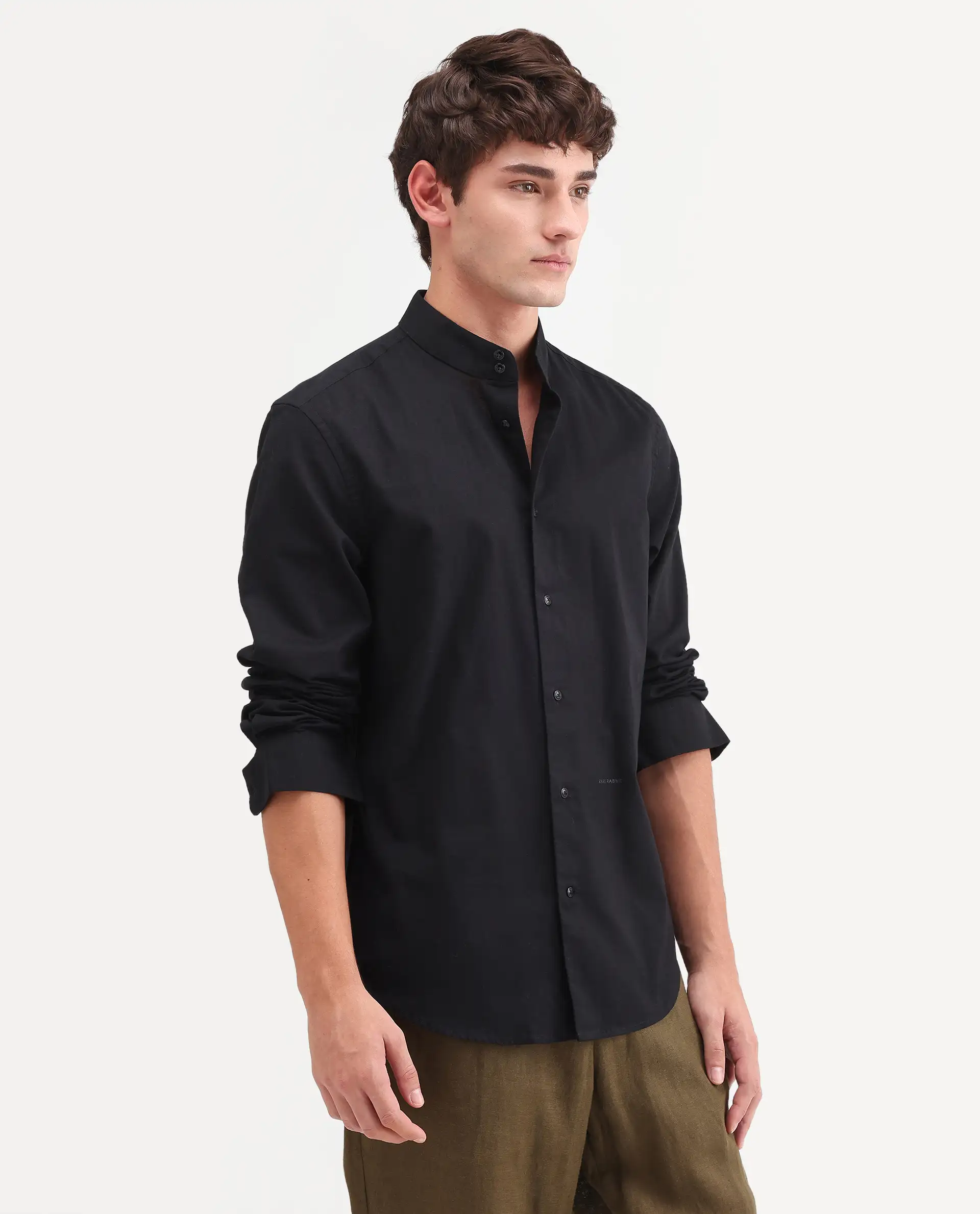 Rare Rabbit Men's Cadex Black Cotton Fabric Full Sleeve Mandarin Collar Regular Fit Plain Shirt - Image 6
