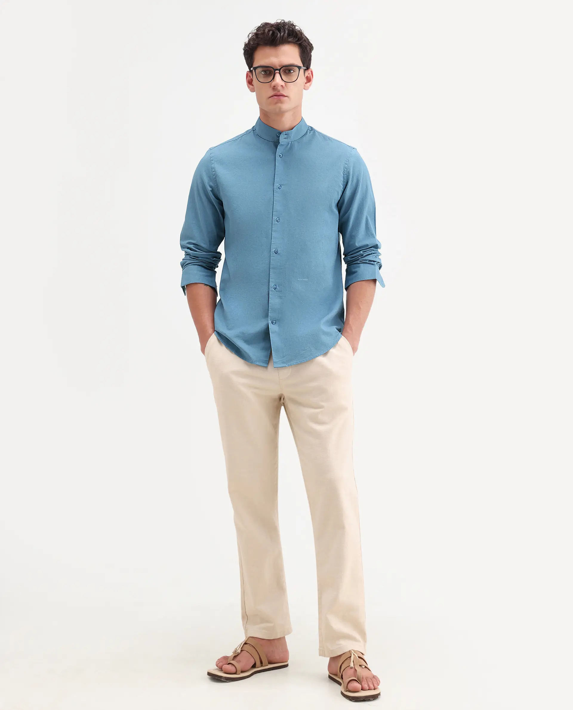 Rare Rabbit Men's Cadex Blue Cotton Fabric Full Sleeve Mandarin Collar Regular Fit Plain Shirt - Image 2