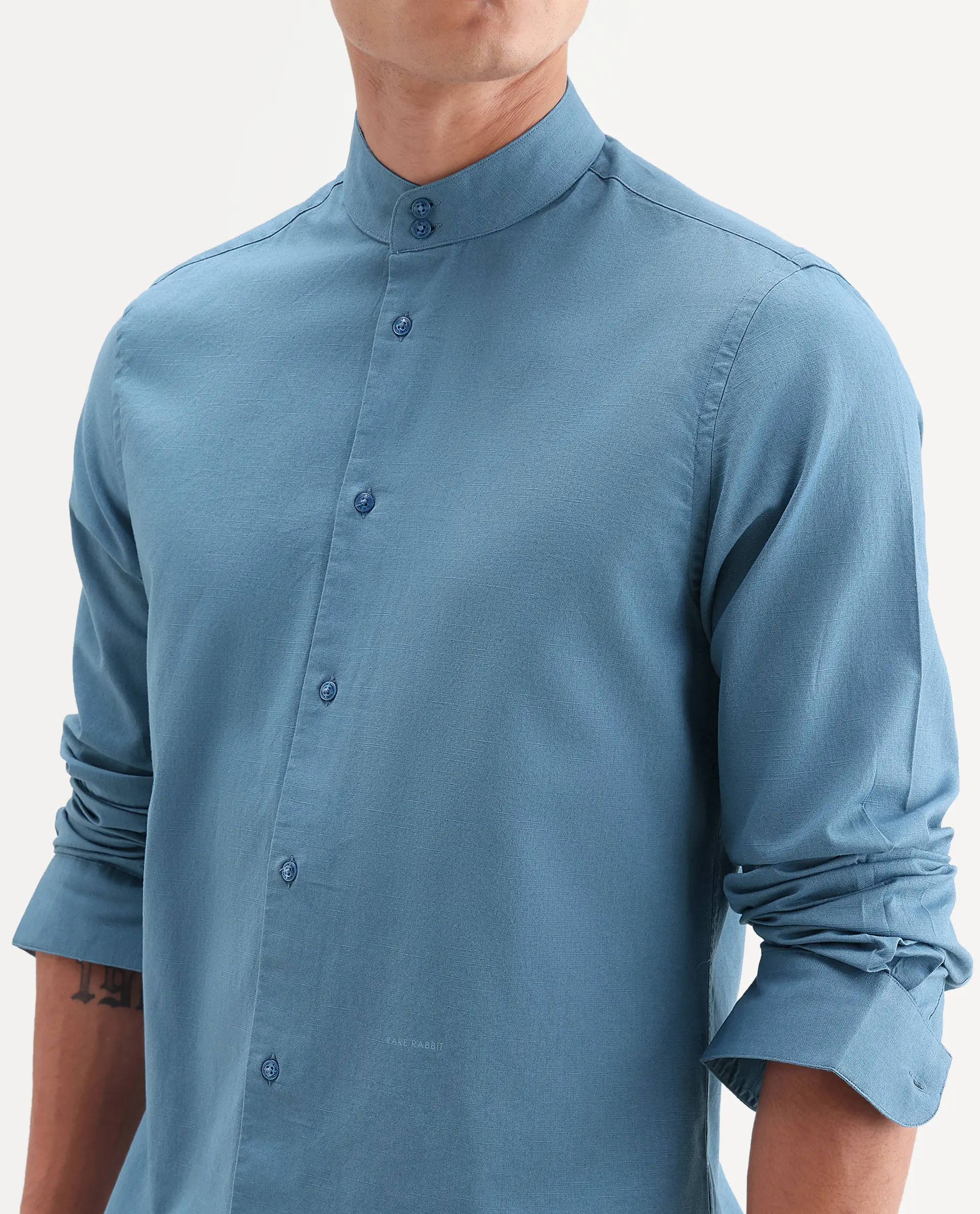 Rare Rabbit Men's Cadex Blue Cotton Fabric Full Sleeve Mandarin Collar Regular Fit Plain Shirt - Image 3
