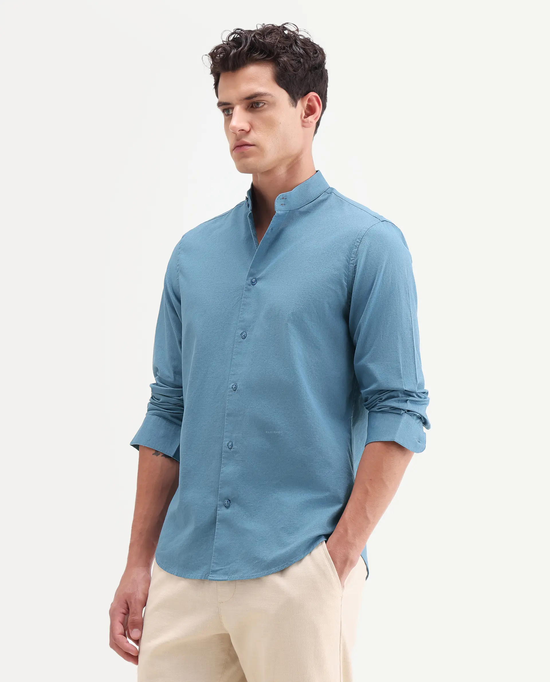 Rare Rabbit Men's Cadex Blue Cotton Fabric Full Sleeve Mandarin Collar Regular Fit Plain Shirt - Image 4
