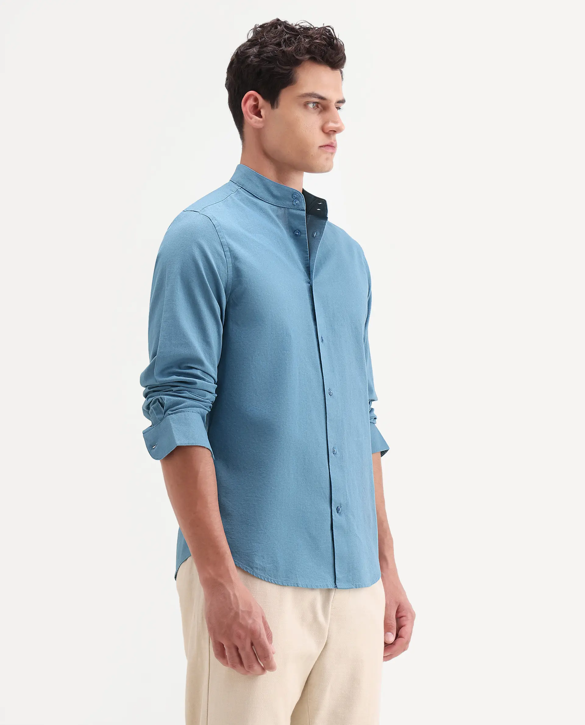 Rare Rabbit Men's Cadex Blue Cotton Fabric Full Sleeve Mandarin Collar Regular Fit Plain Shirt - Image 5