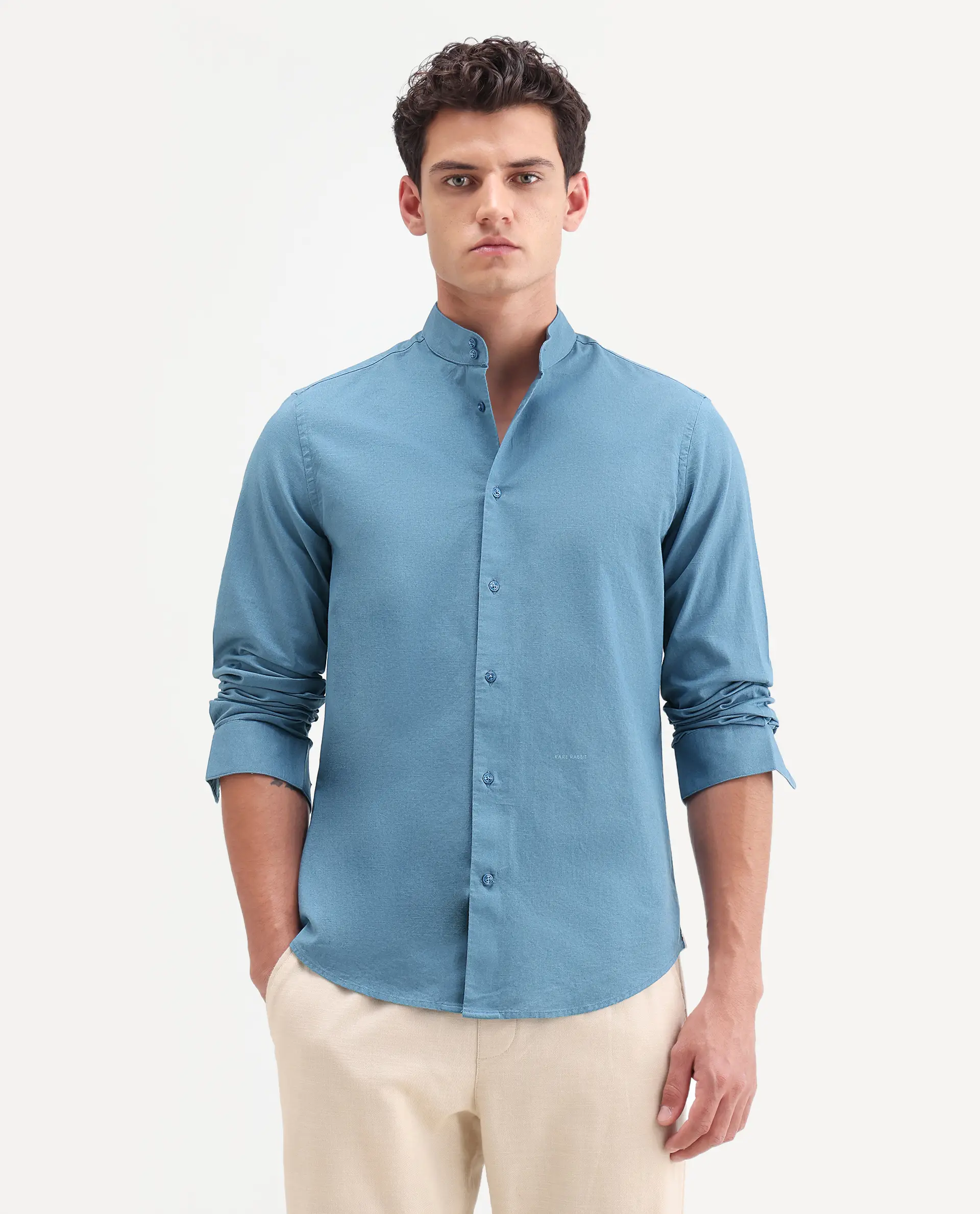Rare Rabbit Men's Cadex Blue Cotton Fabric Full Sleeve Mandarin Collar Regular Fit Plain Shirt - Image 6