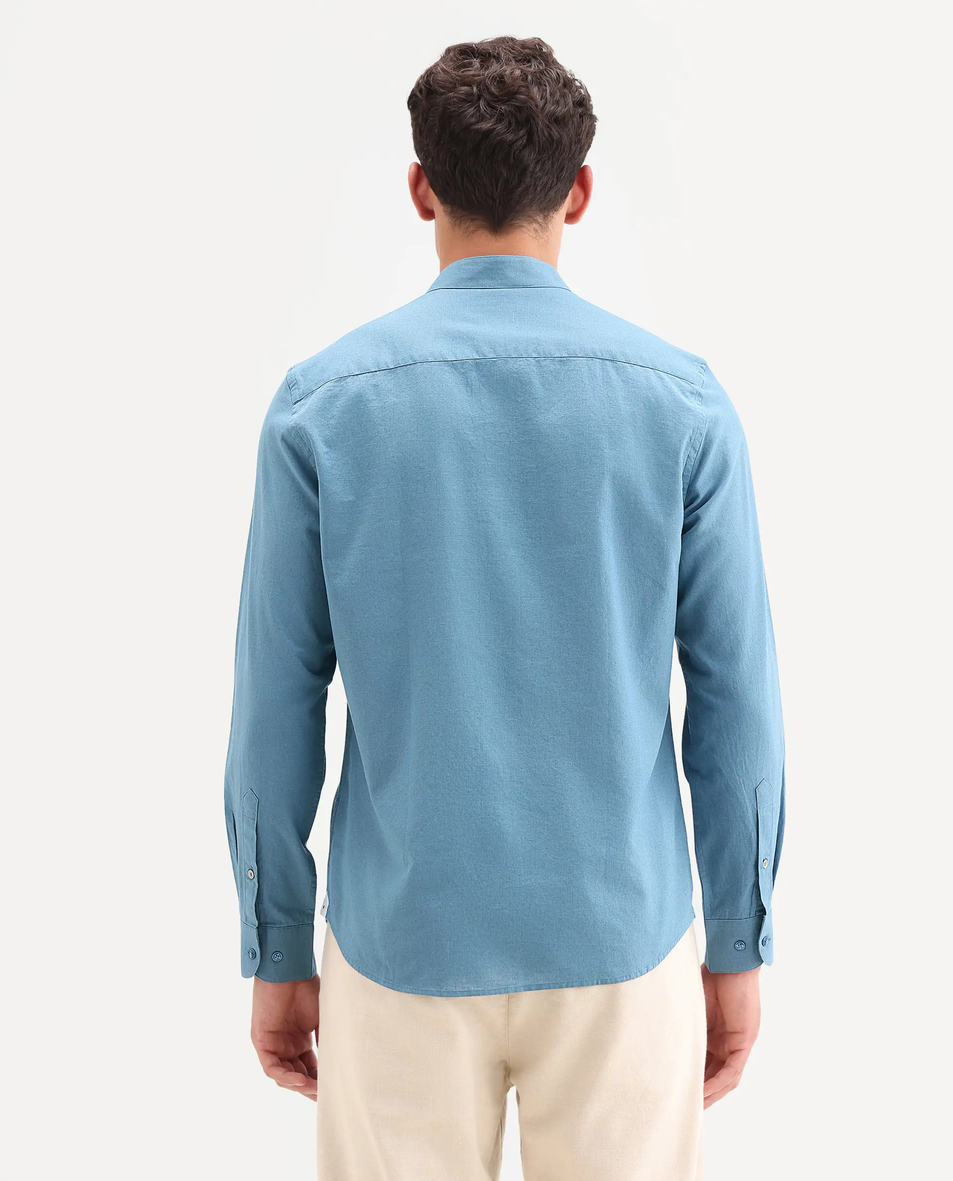 Rare Rabbit Men's Cadex Blue Cotton Fabric Full Sleeve Mandarin Collar Regular Fit Plain Shirt - Image 7