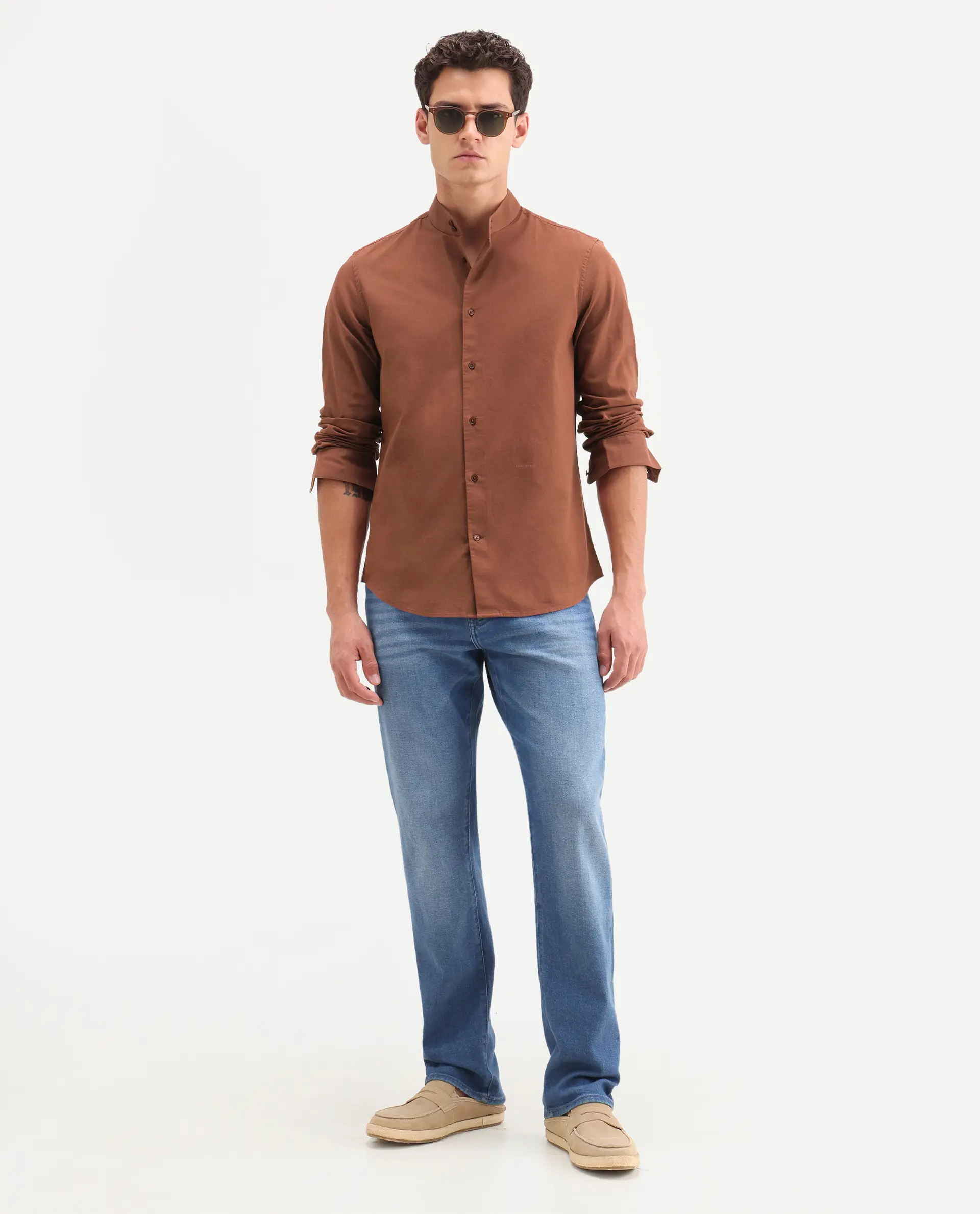 Rare Rabbit Men's Cadex Brown Cotton Fabric Full Sleeve Mandarin Collar Regular Fit Plain Shirt - Image 2