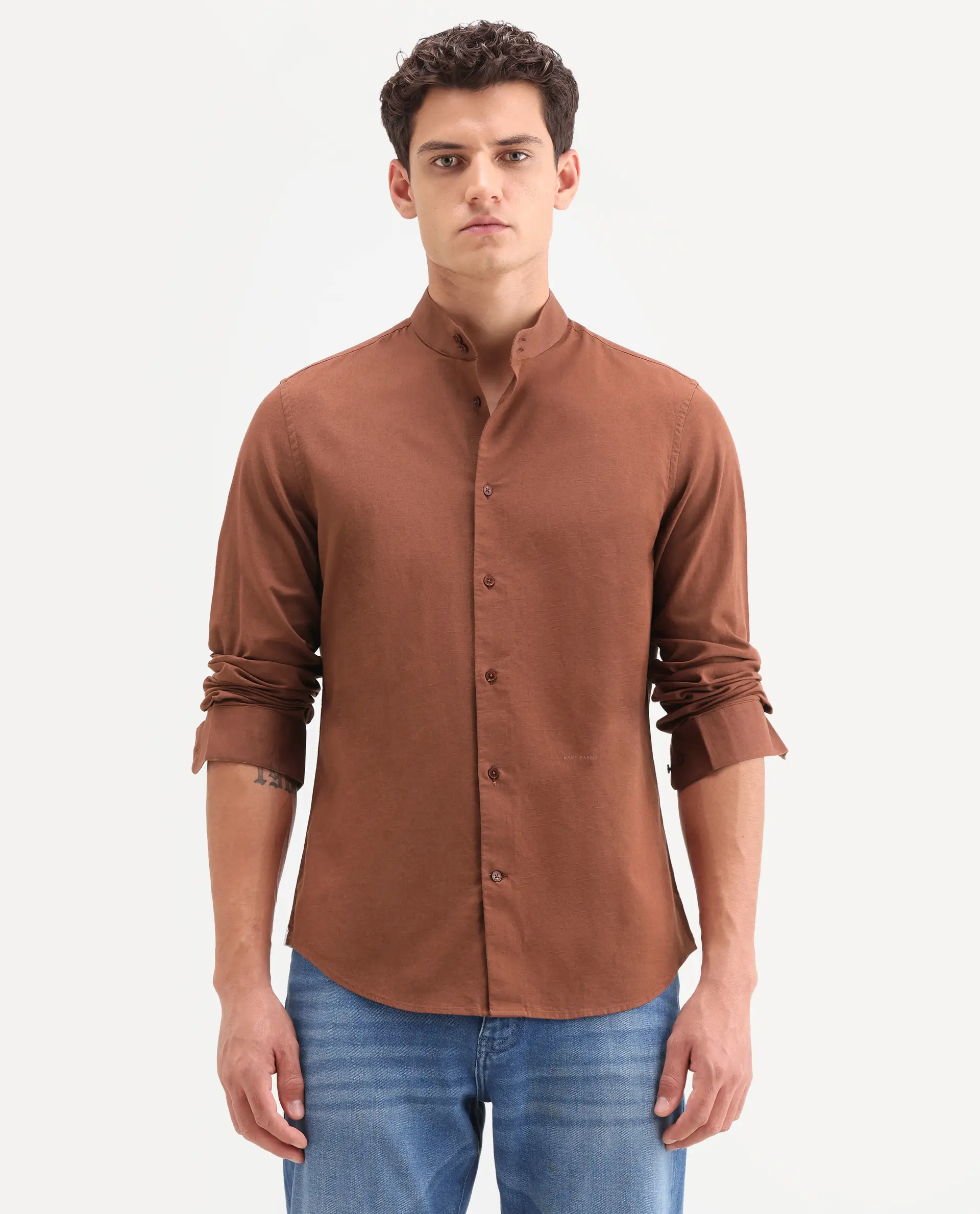 Rare Rabbit Men's Cadex Brown Cotton Fabric Full Sleeve Mandarin Collar Regular Fit Plain Shirt - Image 3