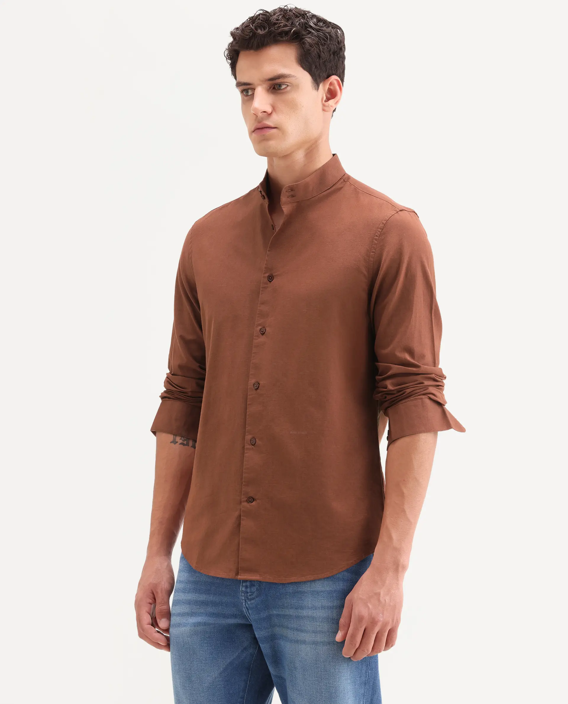 Rare Rabbit Men's Cadex Brown Cotton Fabric Full Sleeve Mandarin Collar Regular Fit Plain Shirt - Image 4