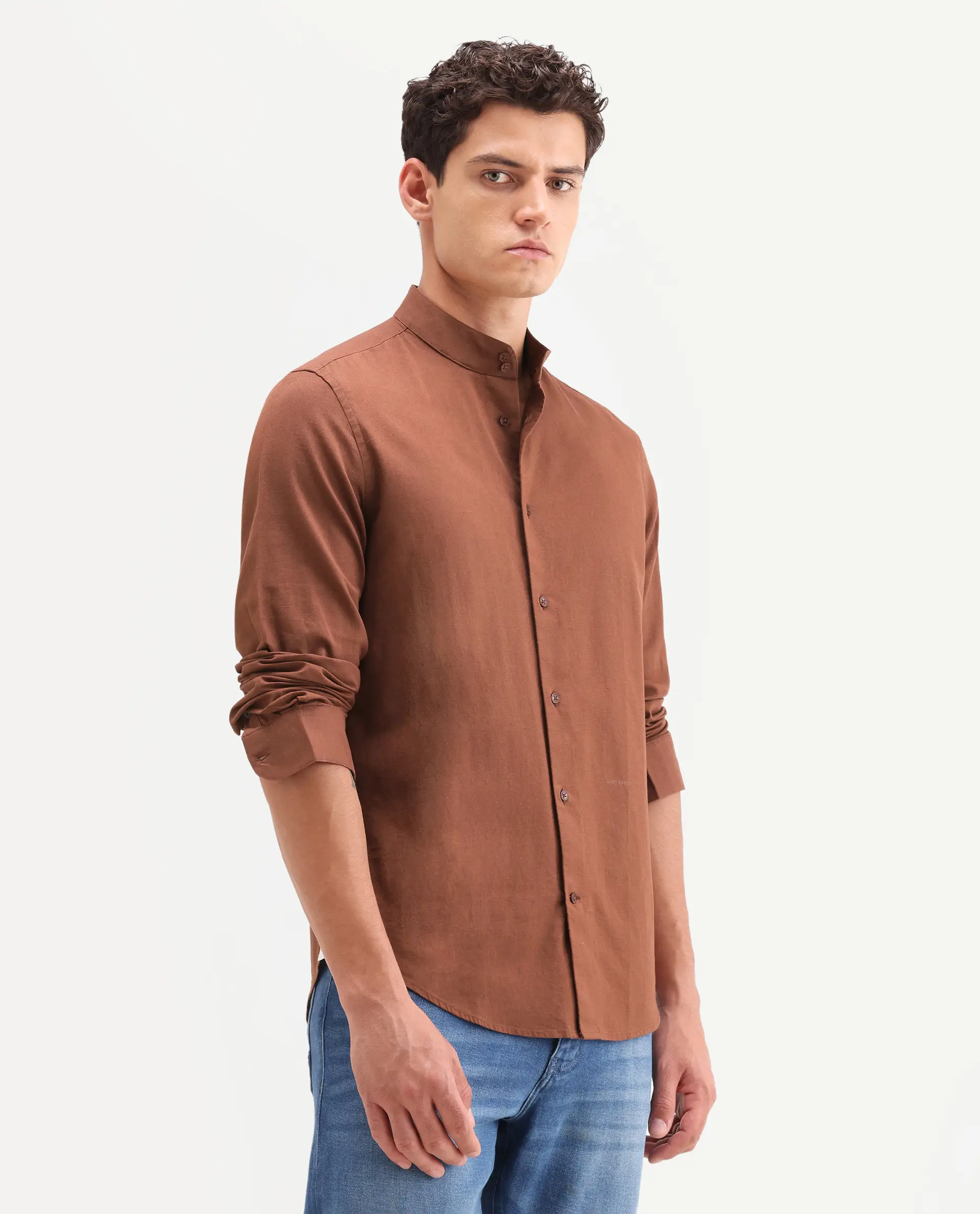 Rare Rabbit Men's Cadex Brown Cotton Fabric Full Sleeve Mandarin Collar Regular Fit Plain Shirt - Image 5