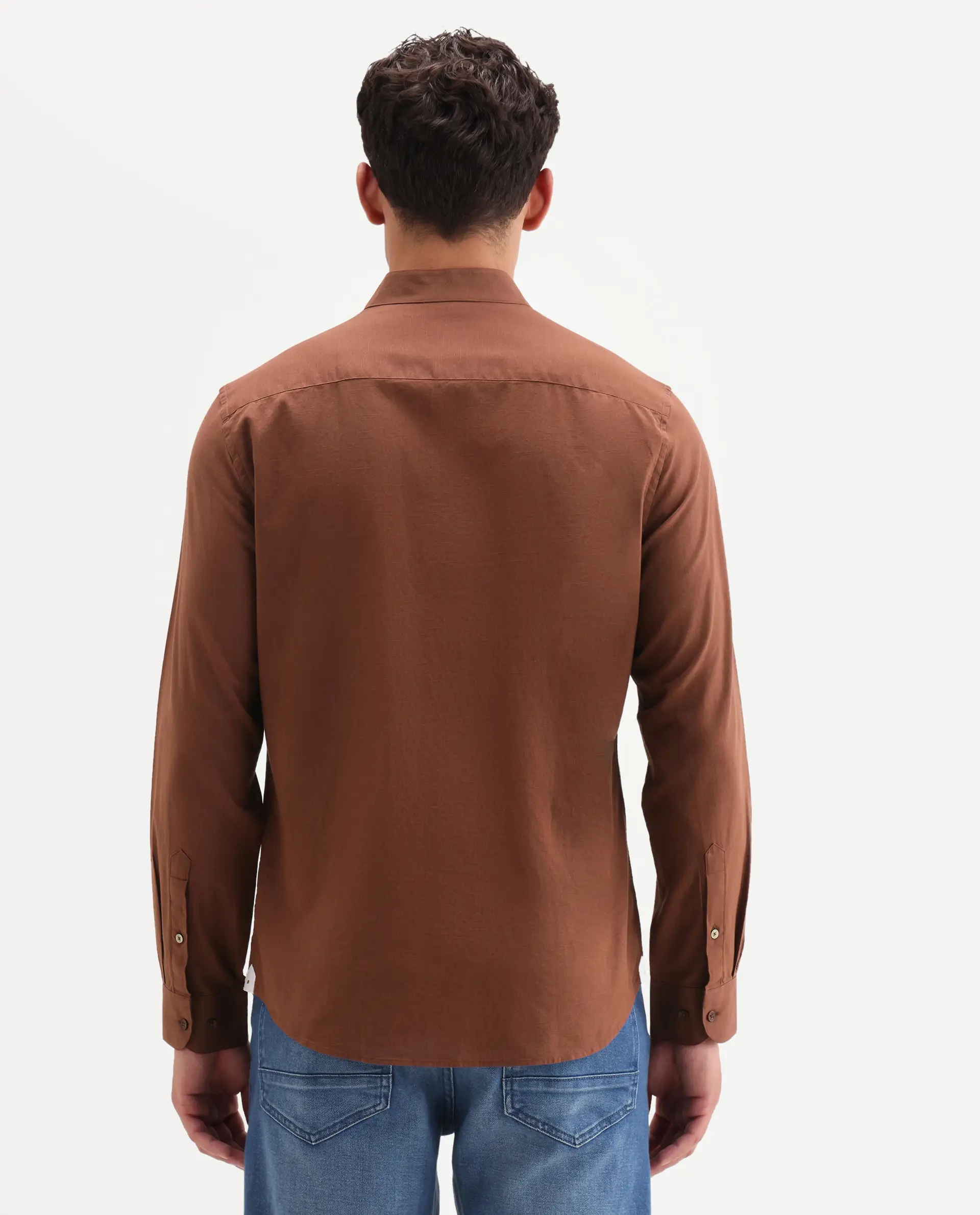 Rare Rabbit Men's Cadex Brown Cotton Fabric Full Sleeve Mandarin Collar Regular Fit Plain Shirt - Image 6