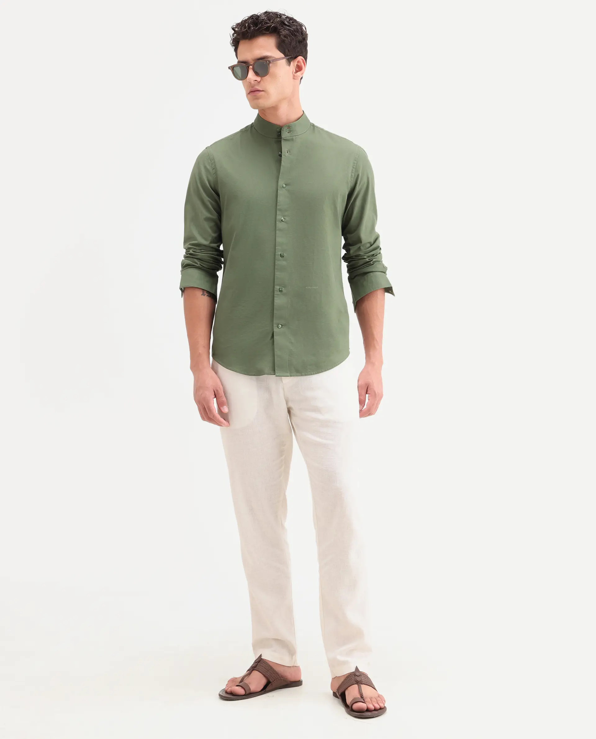 Rare Rabbit Men's Cadex Green Cotton Fabric Full Sleeve Mandarin Collar Regular Fit Plain Shirt - Image 2