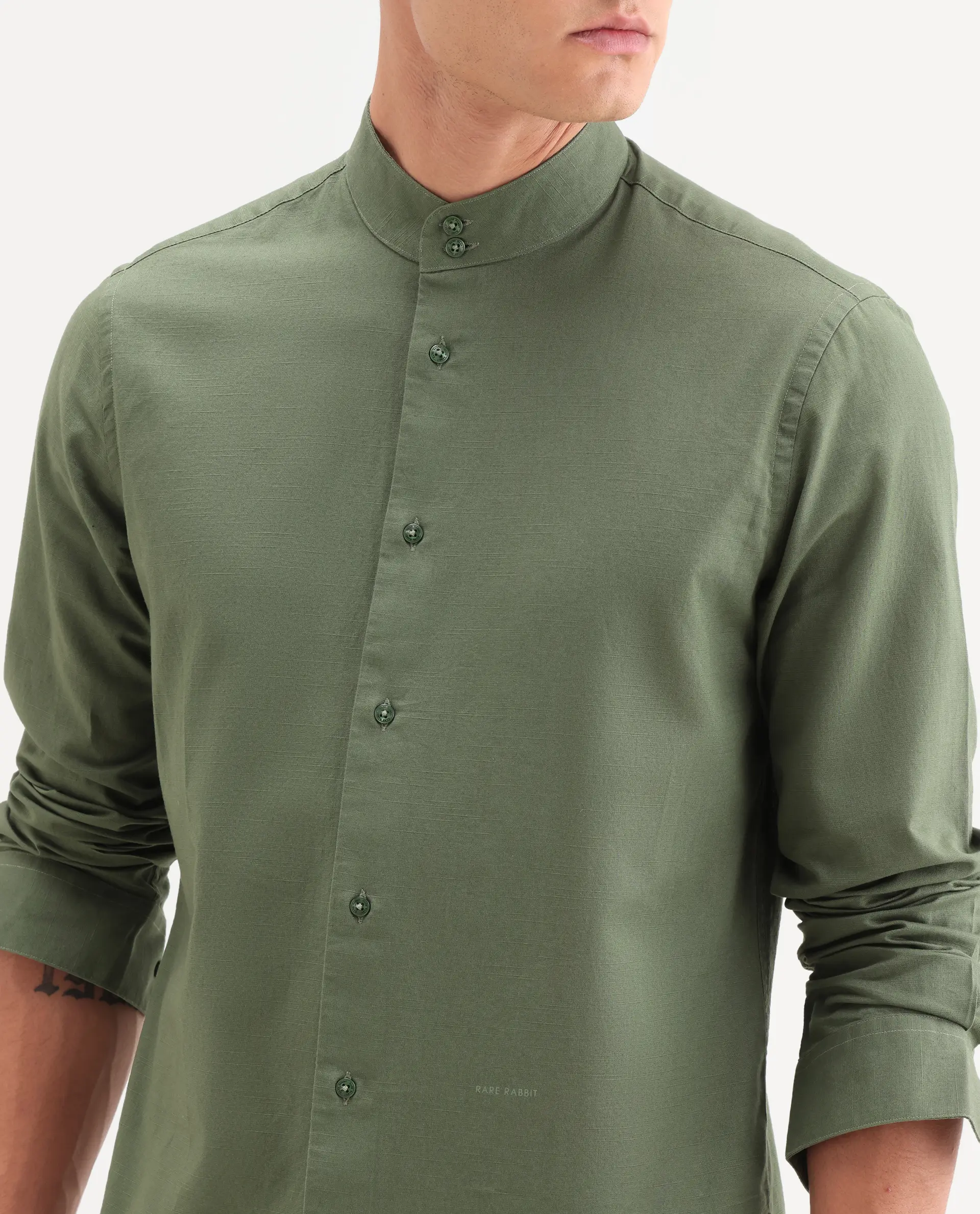 Rare Rabbit Men's Cadex Green Cotton Fabric Full Sleeve Mandarin Collar Regular Fit Plain Shirt - Image 3
