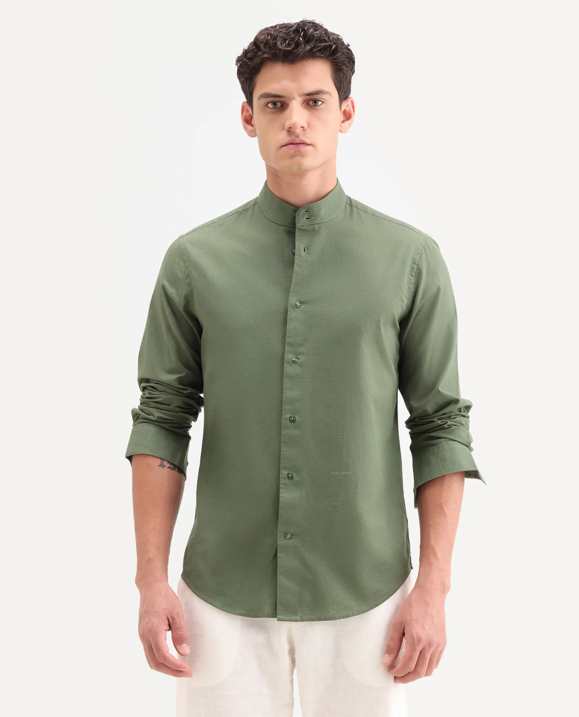 Rare Rabbit Men's Cadex Green Cotton Fabric Full Sleeve Mandarin Collar Regular Fit Plain Shirt - Image 4