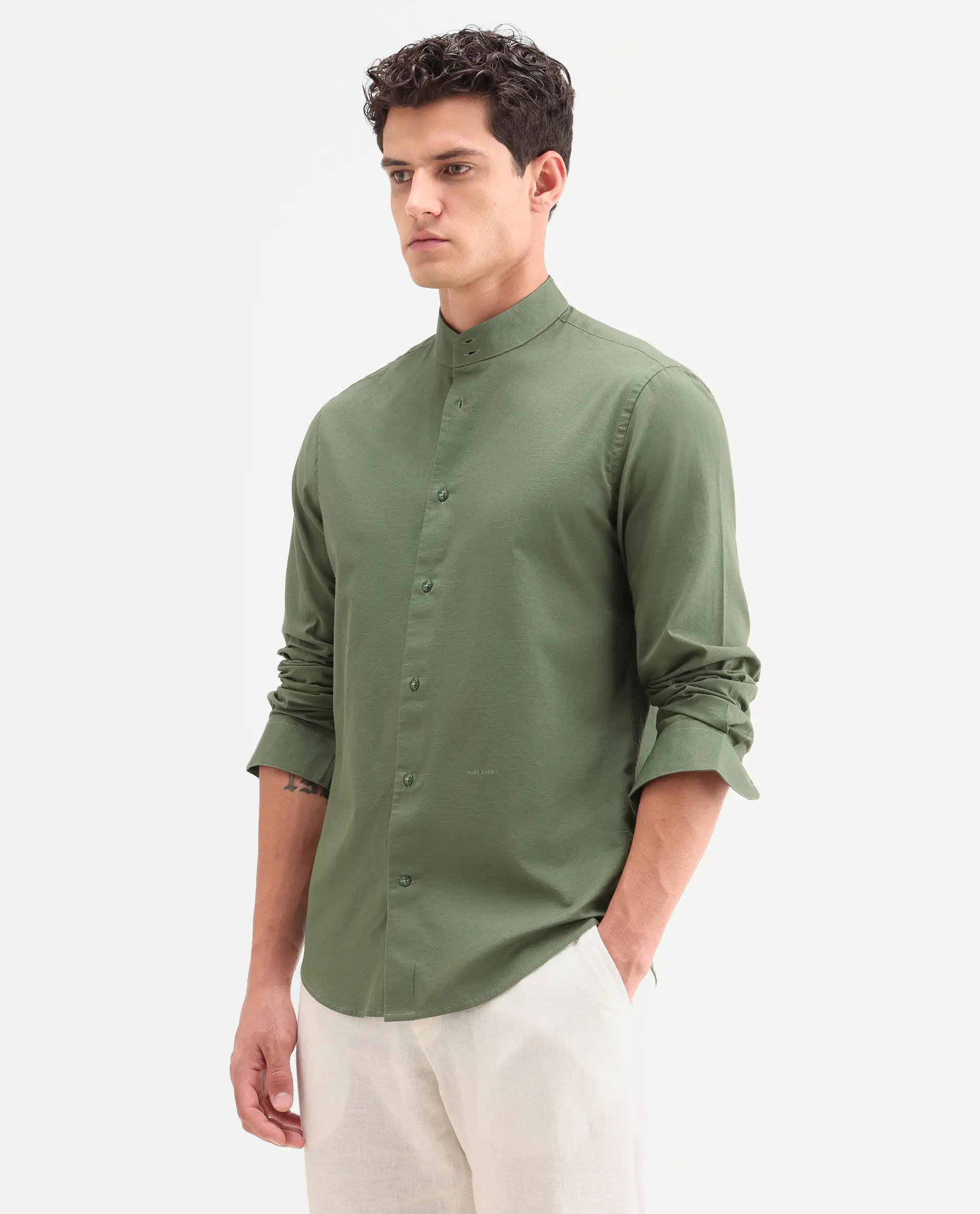 Rare Rabbit Men's Cadex Green Cotton Fabric Full Sleeve Mandarin Collar Regular Fit Plain Shirt - Image 5