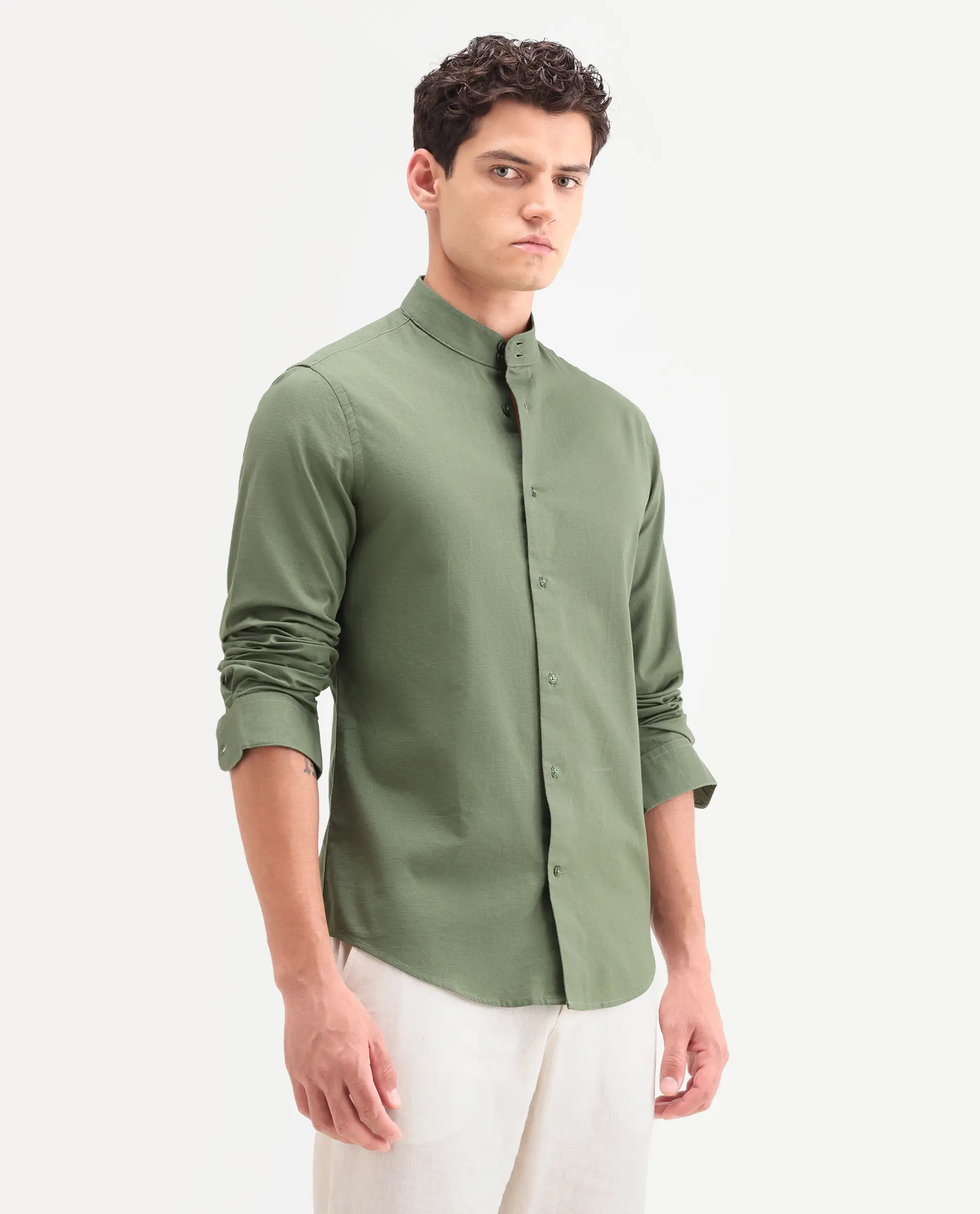 Rare Rabbit Men's Cadex Green Cotton Fabric Full Sleeve Mandarin Collar Regular Fit Plain Shirt - Image 6