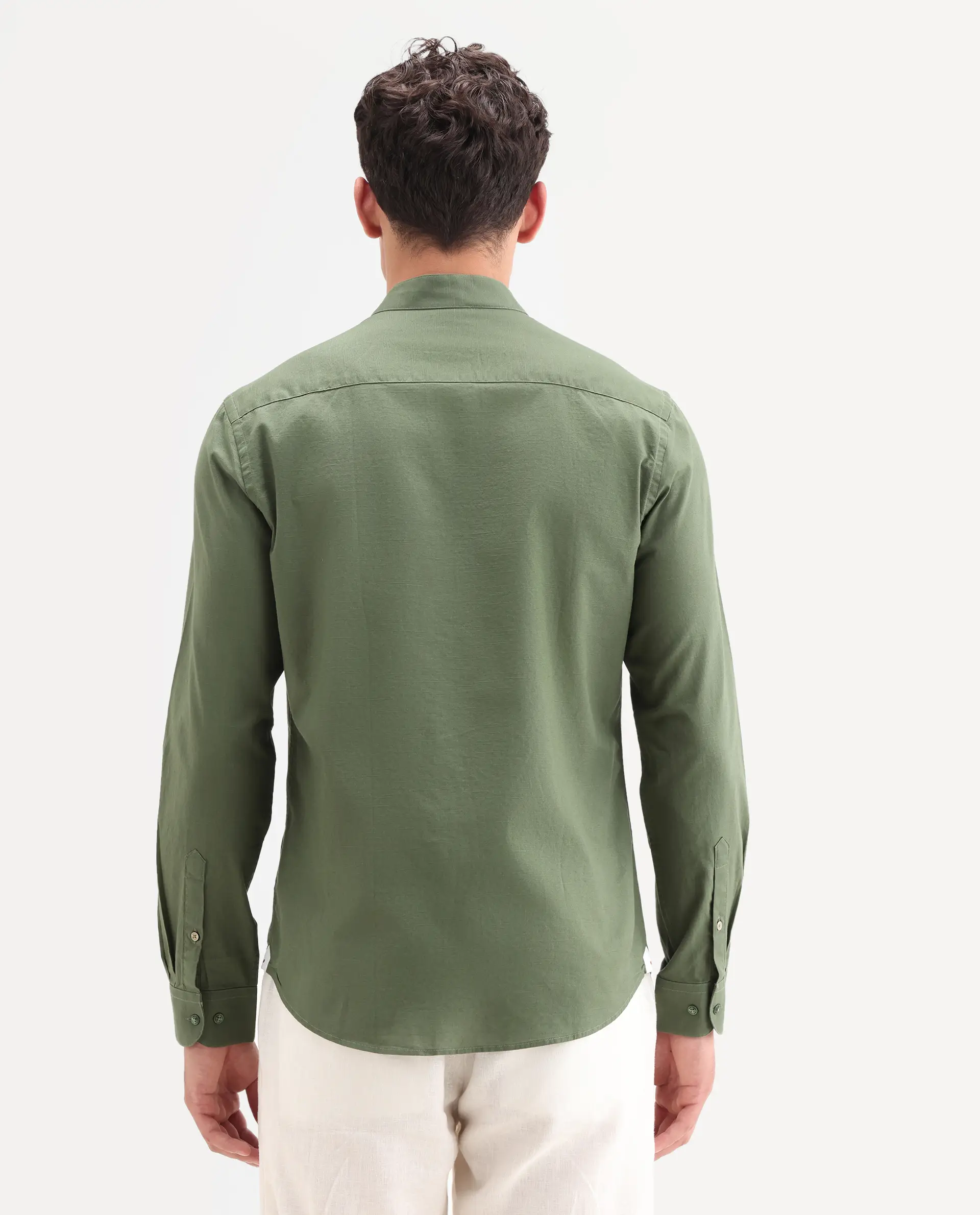 Rare Rabbit Men's Cadex Green Cotton Fabric Full Sleeve Mandarin Collar Regular Fit Plain Shirt - Image 7