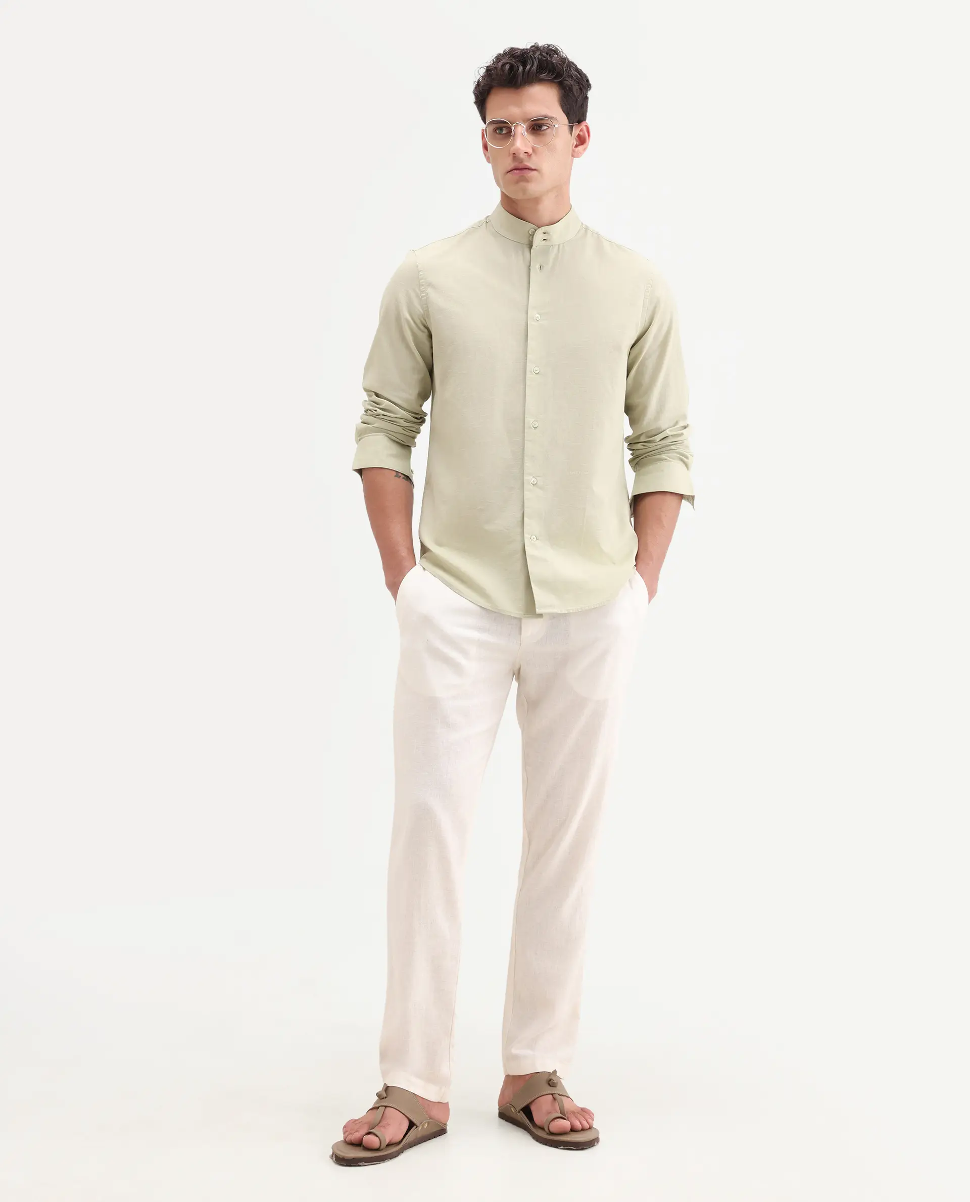 Rare Rabbit Men's Cadex Light Green Cotton Fabric Full Sleeve Mandarin Collar Regular Fit Plain Shirt - Image 2