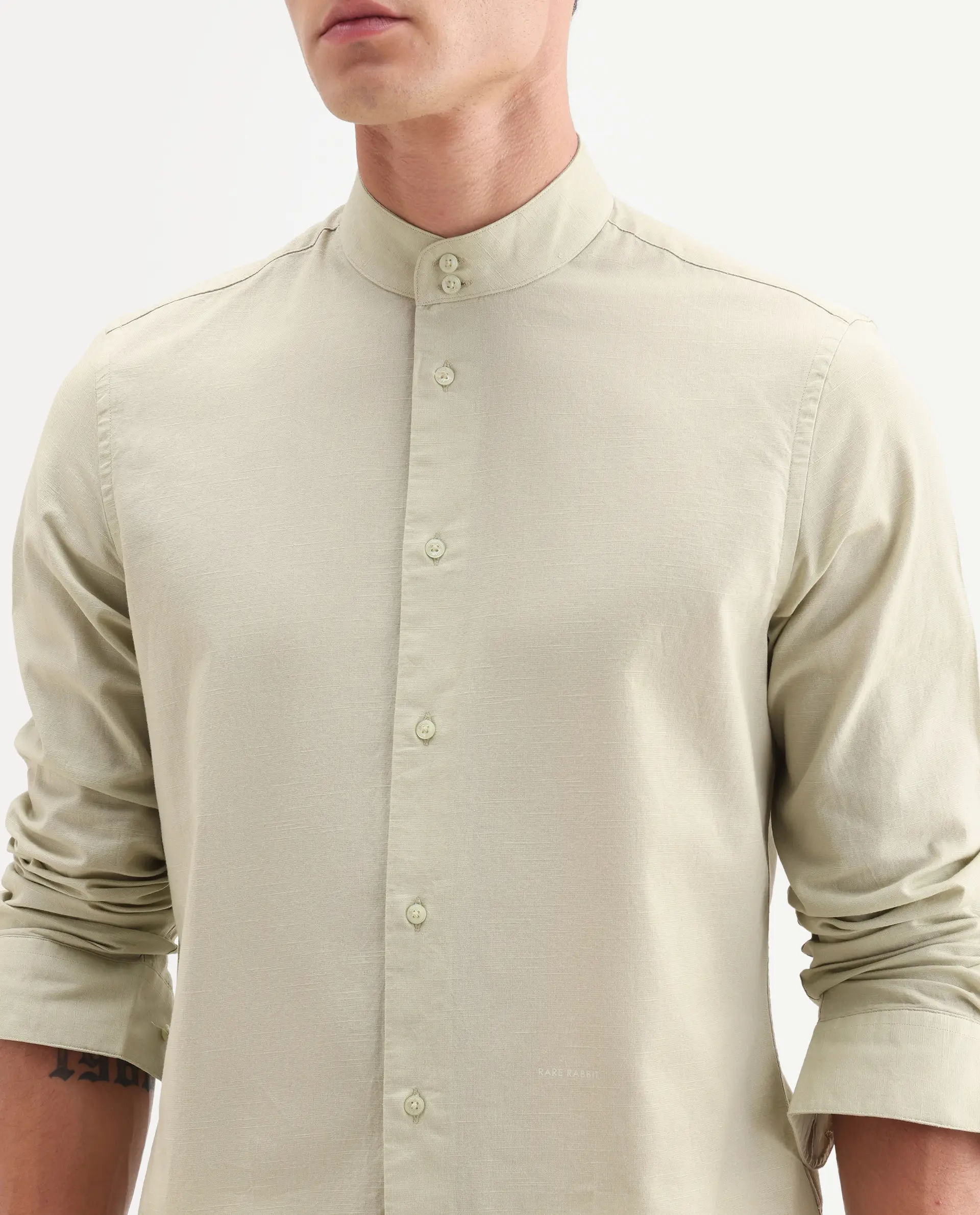 Rare Rabbit Men's Cadex Light Green Cotton Fabric Full Sleeve Mandarin Collar Regular Fit Plain Shirt - Image 3