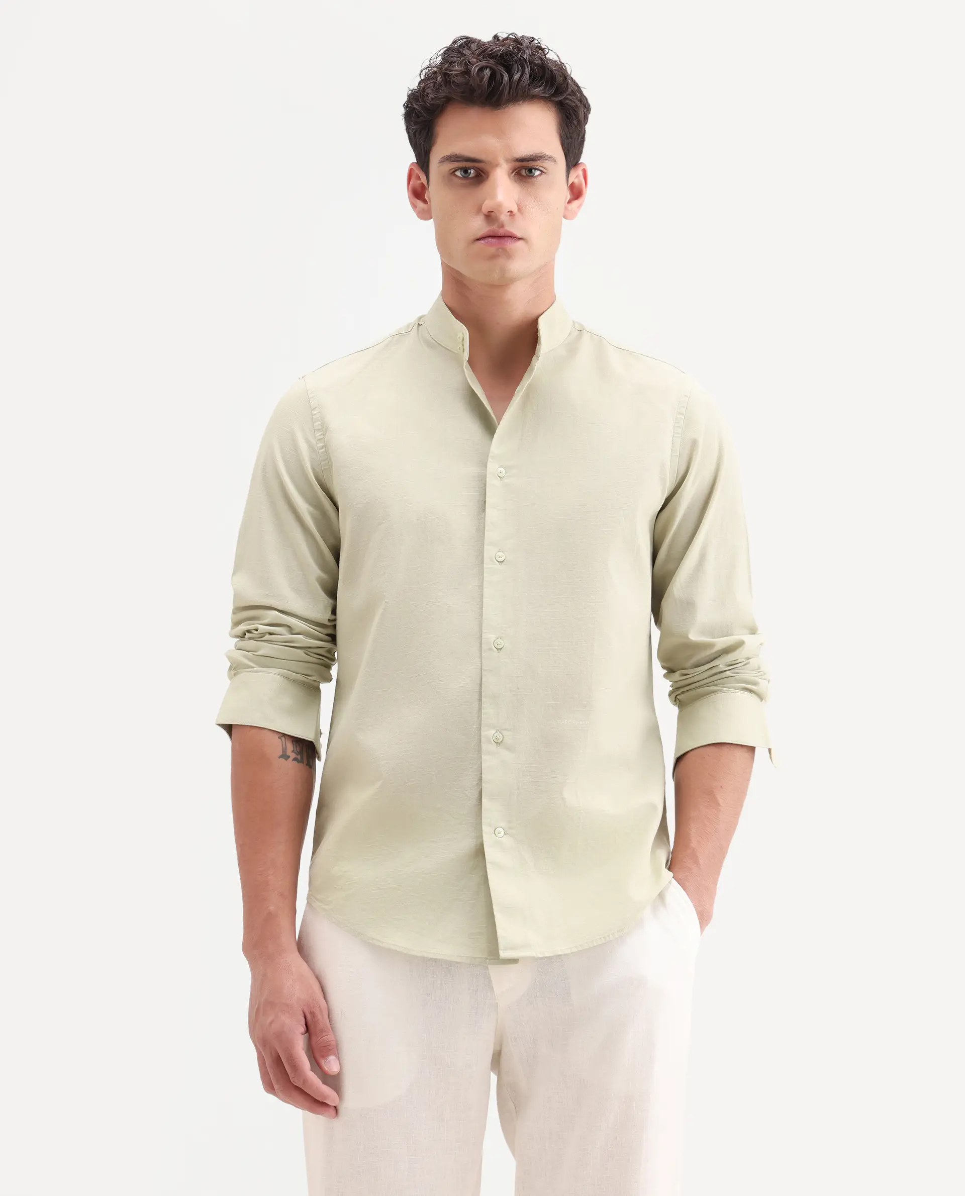 Rare Rabbit Men's Cadex Light Green Cotton Fabric Full Sleeve Mandarin Collar Regular Fit Plain Shirt - Image 4