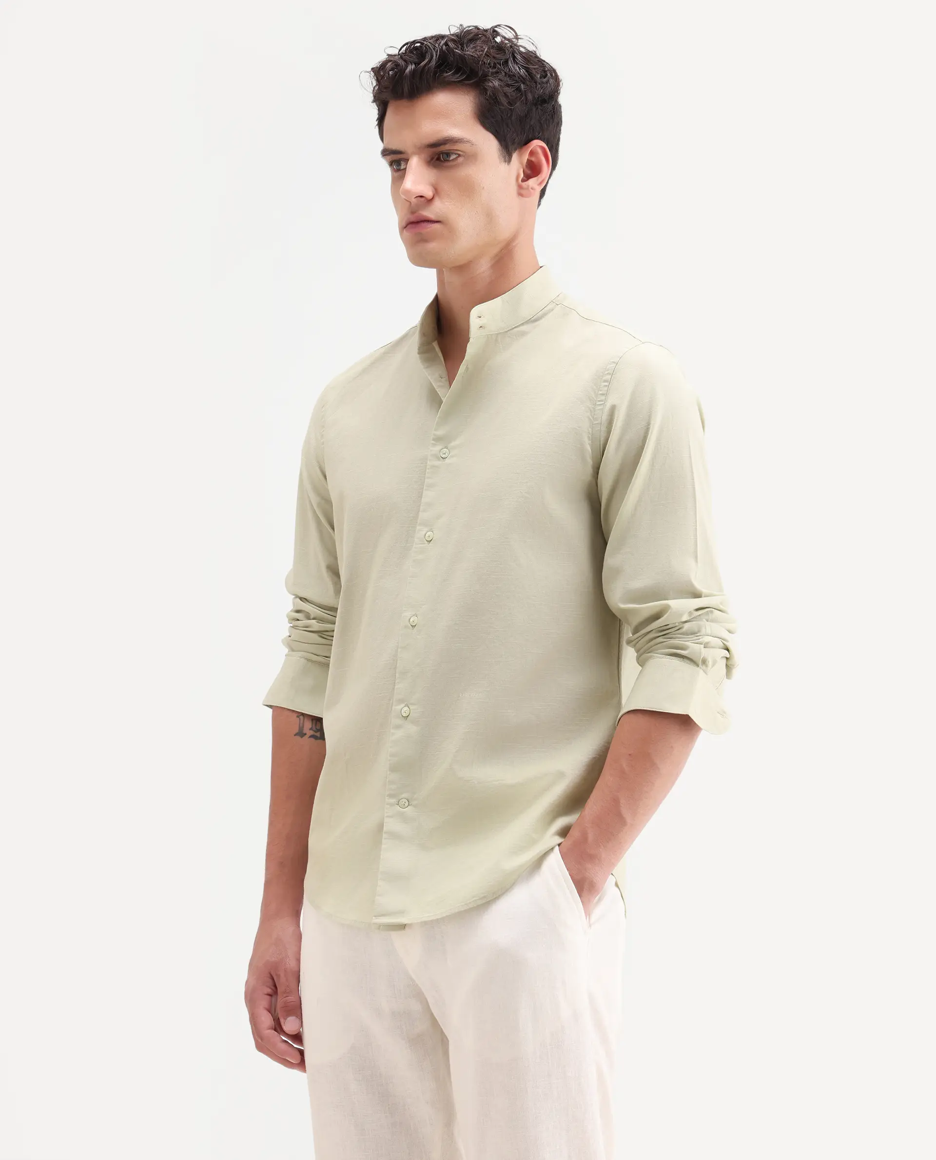 Rare Rabbit Men's Cadex Light Green Cotton Fabric Full Sleeve Mandarin Collar Regular Fit Plain Shirt - Image 5