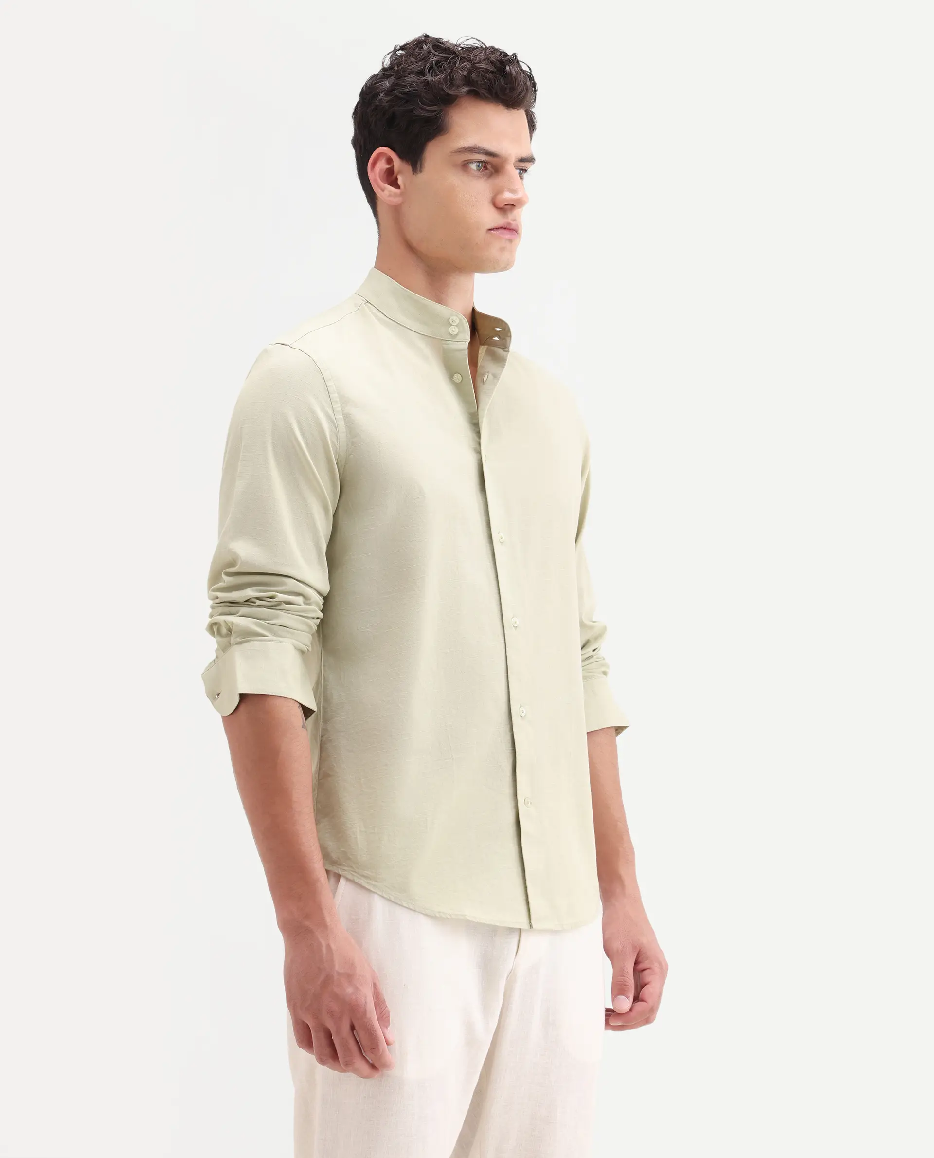 Rare Rabbit Men's Cadex Light Green Cotton Fabric Full Sleeve Mandarin Collar Regular Fit Plain Shirt - Image 6