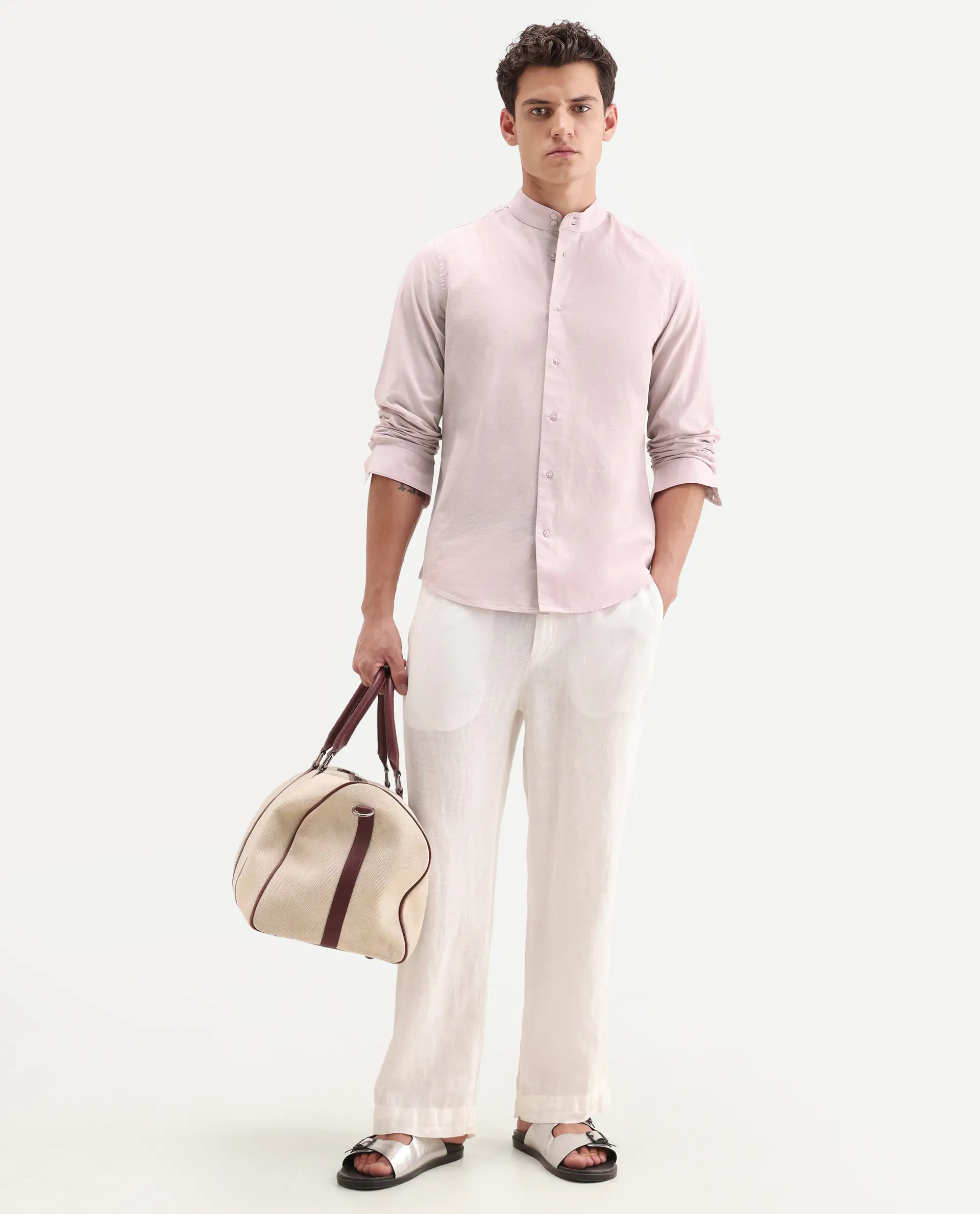 Rare Rabbit Men's Cadex Light Pink Cotton Fabric Full Sleeve Mandarin Collar Regular Fit Plain Shirt - Image 2