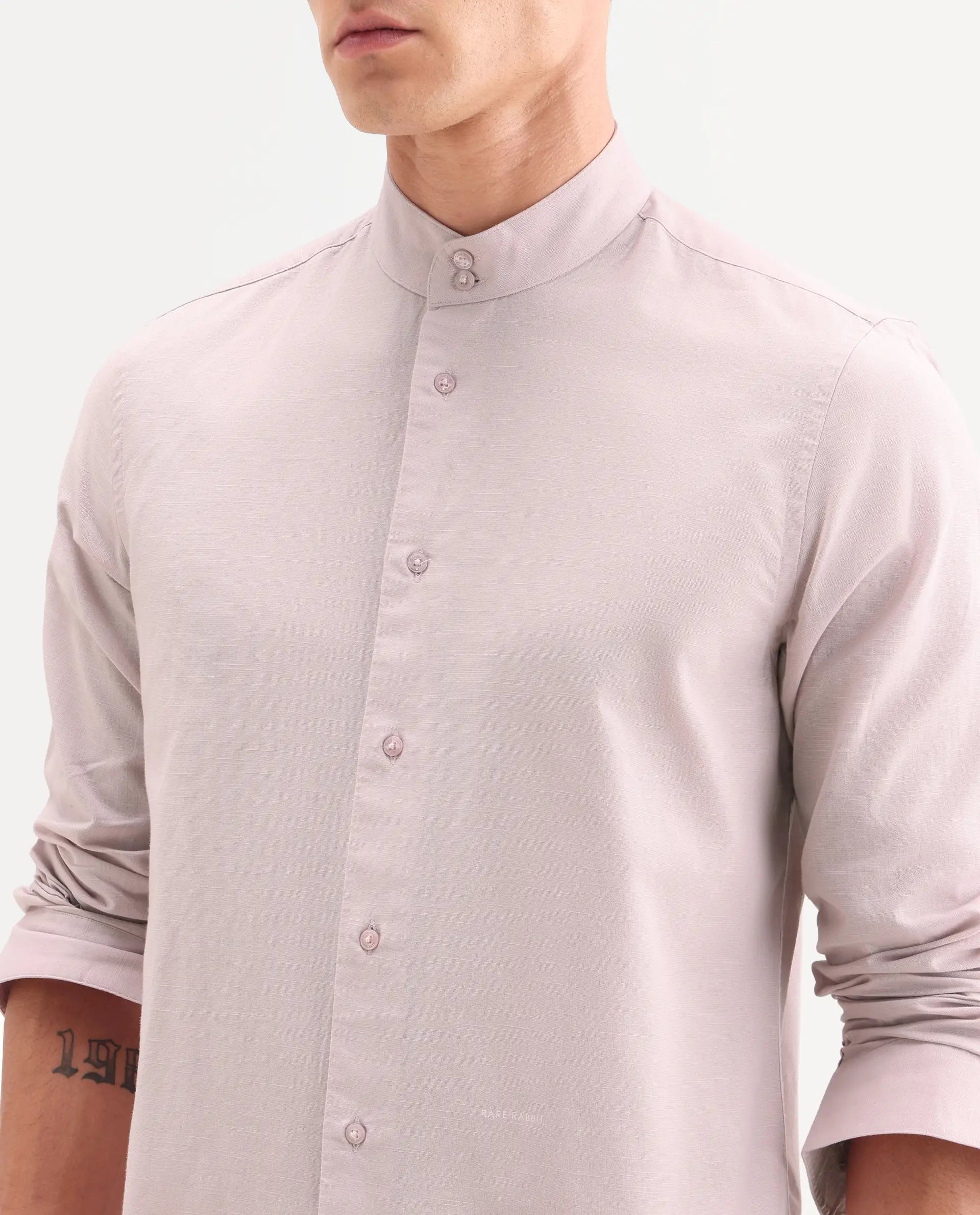 Rare Rabbit Men's Cadex Light Pink Cotton Fabric Full Sleeve Mandarin Collar Regular Fit Plain Shirt - Image 3