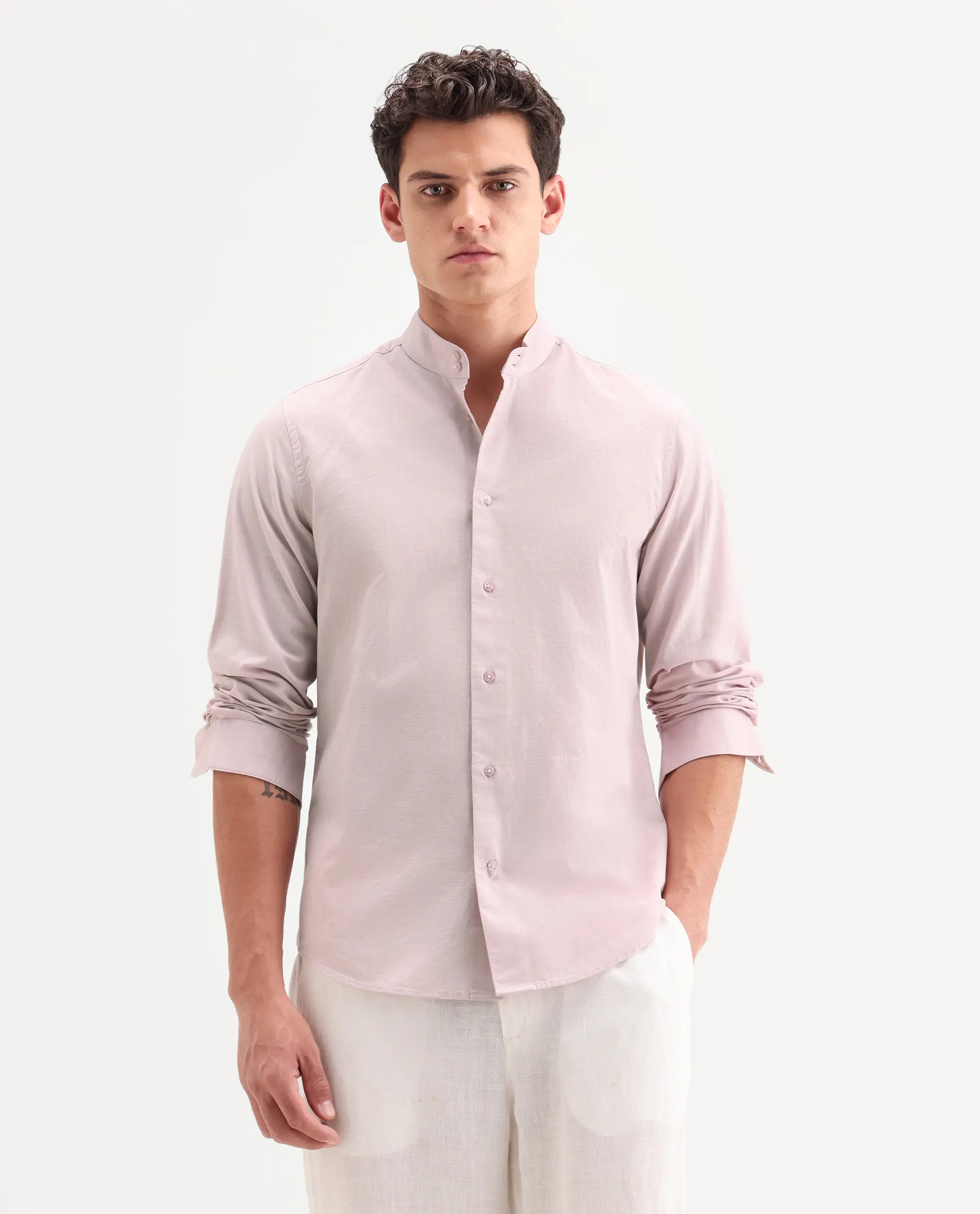 Rare Rabbit Men's Cadex Light Pink Cotton Fabric Full Sleeve Mandarin Collar Regular Fit Plain Shirt - Image 4