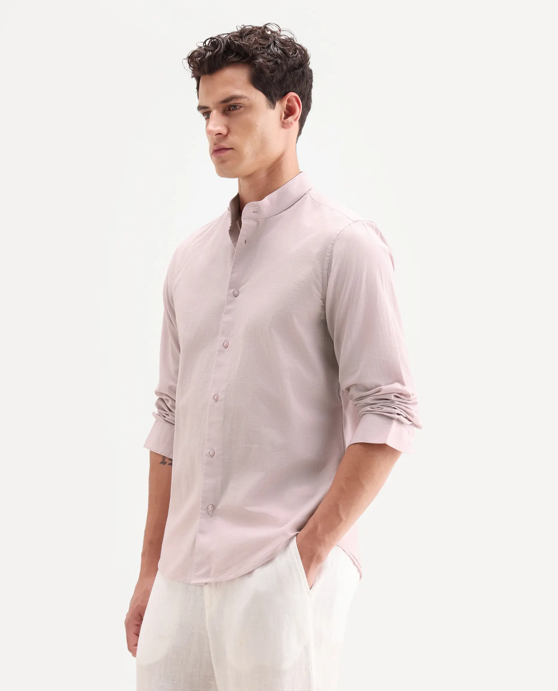 Rare Rabbit Men's Cadex Light Pink Cotton Fabric Full Sleeve Mandarin Collar Regular Fit Plain Shirt - Image 5