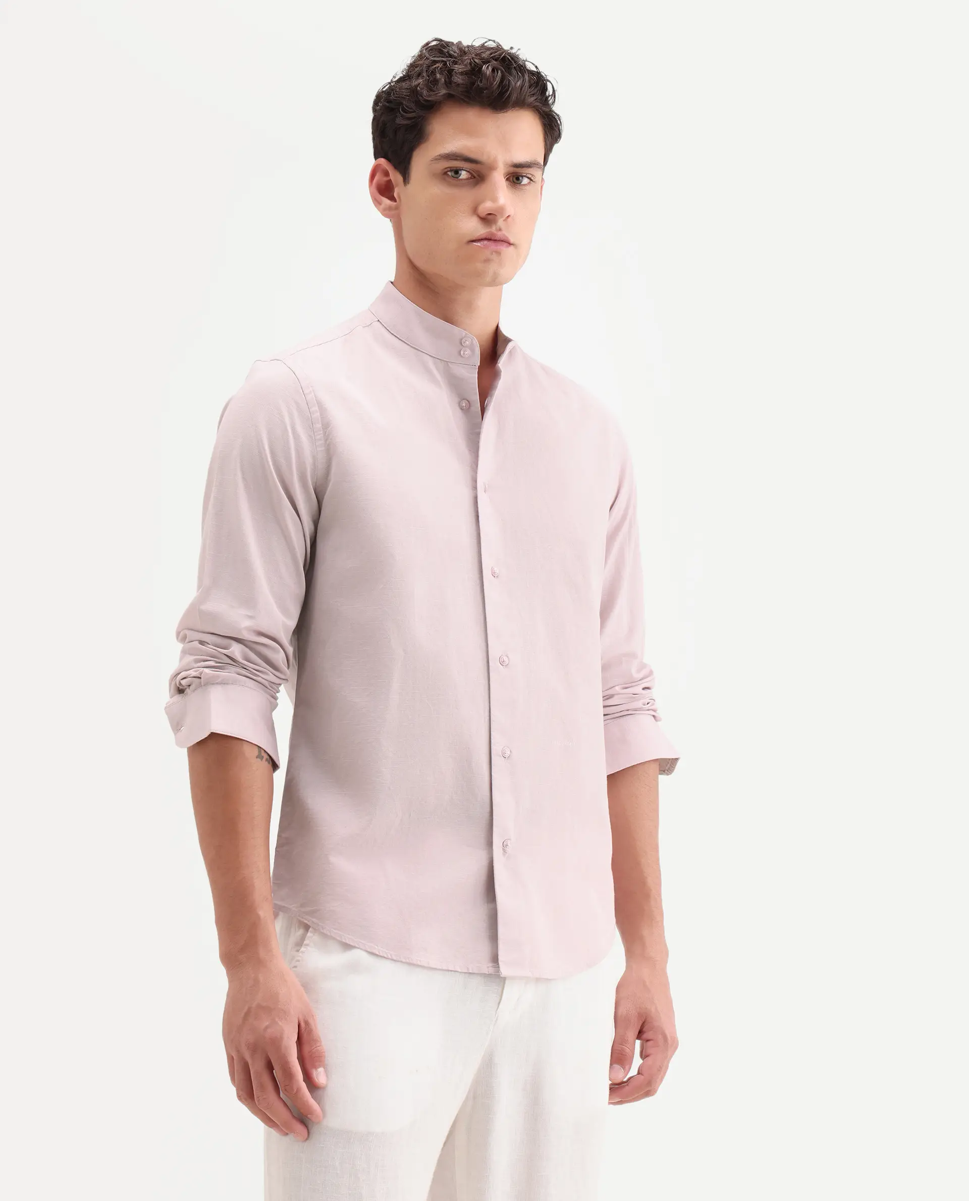 Rare Rabbit Men's Cadex Light Pink Cotton Fabric Full Sleeve Mandarin Collar Regular Fit Plain Shirt - Image 6