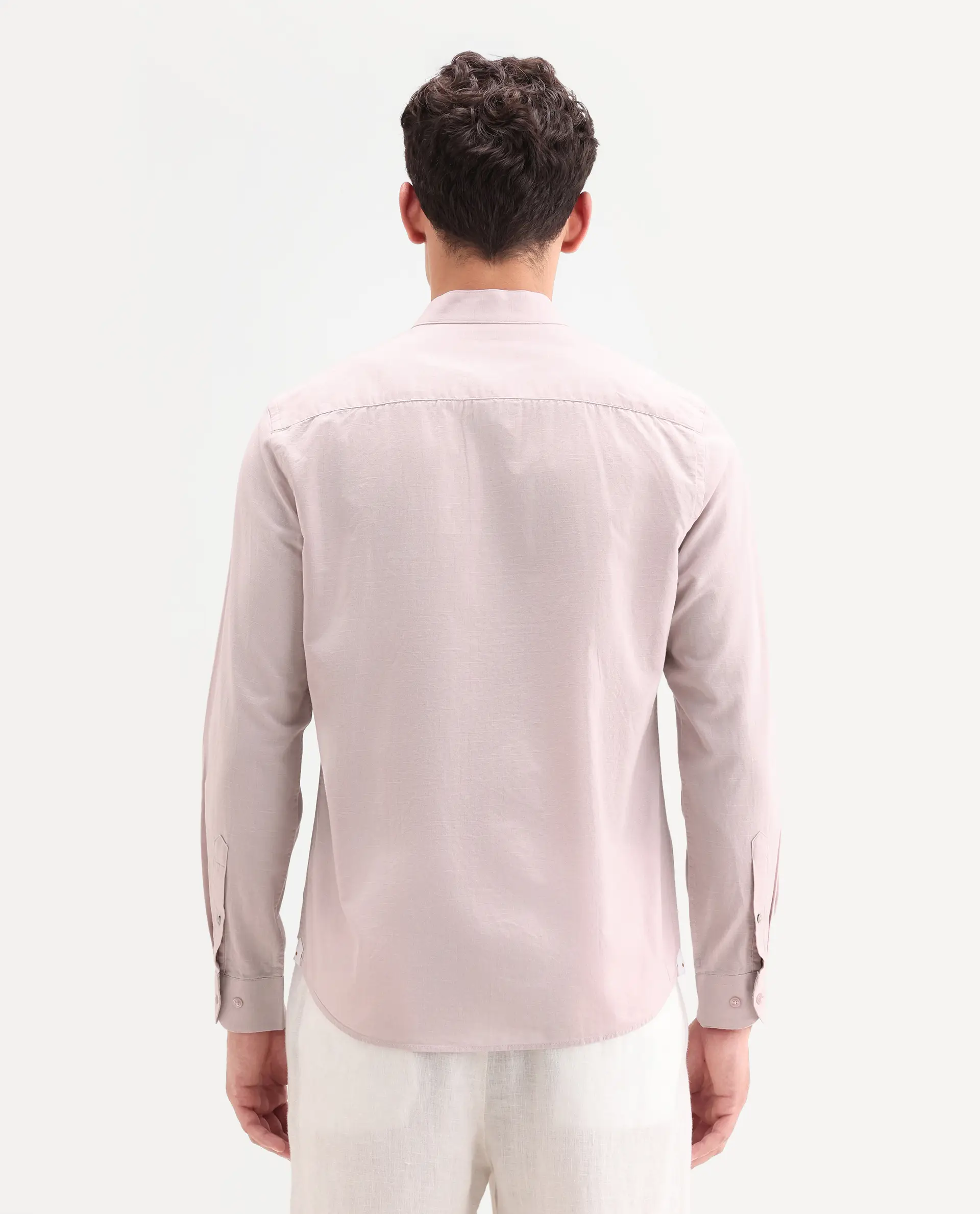 Rare Rabbit Men's Cadex Light Pink Cotton Fabric Full Sleeve Mandarin Collar Regular Fit Plain Shirt - Image 7