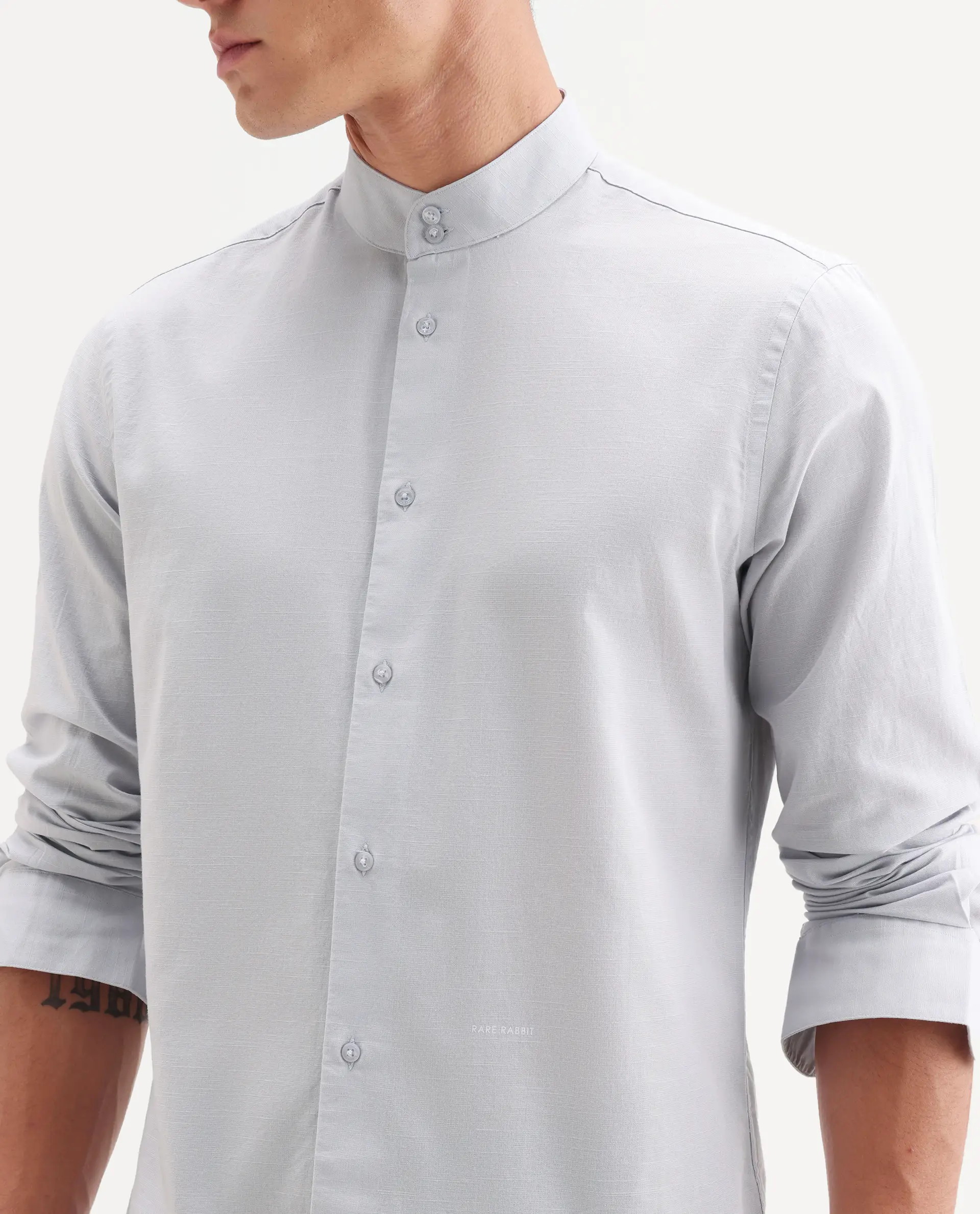 Rare Rabbit Men's Cadex Light Purple Cotton Fabric Full Sleeve Mandarin Collar Regular Fit Plain Shirt - Image 3