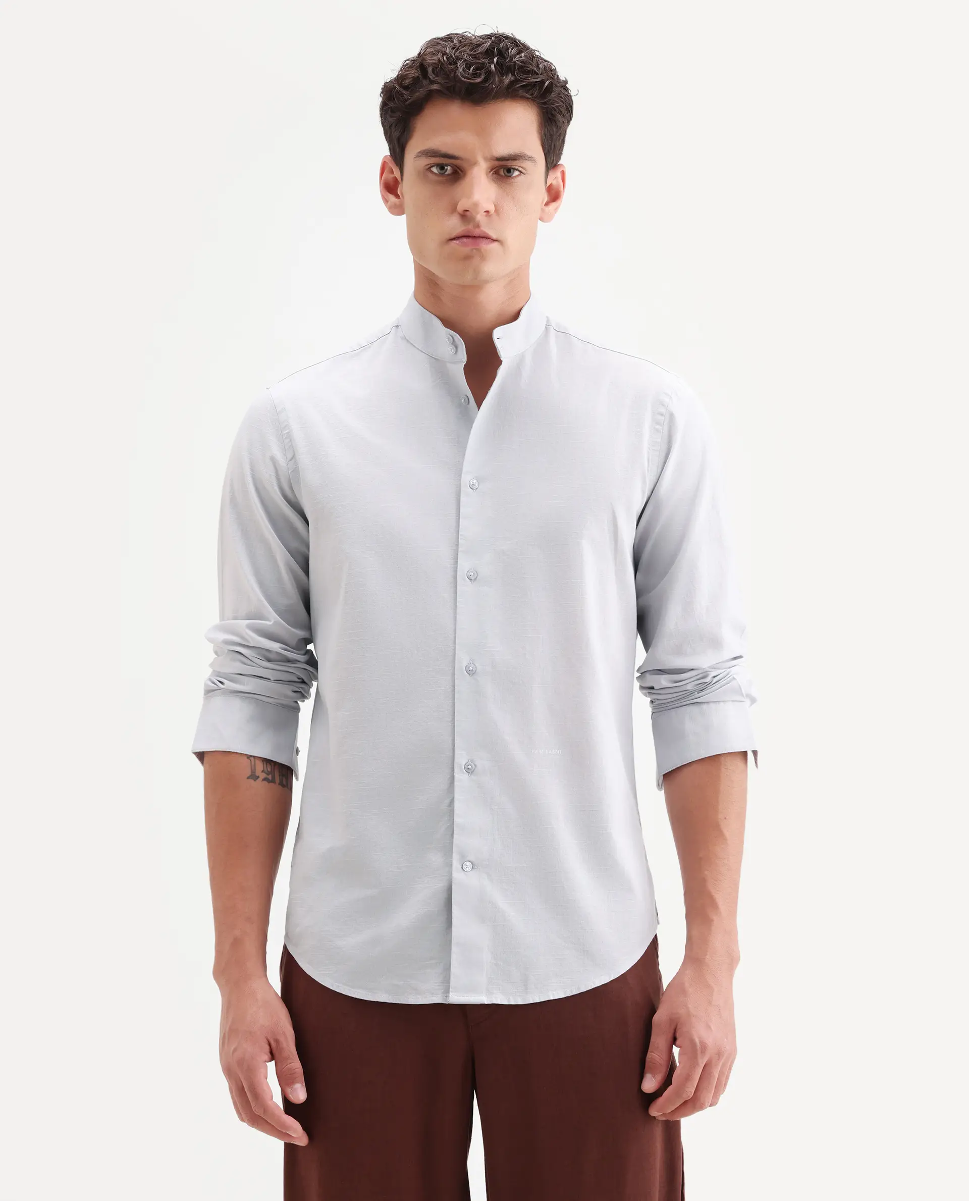 Rare Rabbit Men's Cadex Light Purple Cotton Fabric Full Sleeve Mandarin Collar Regular Fit Plain Shirt - Image 4