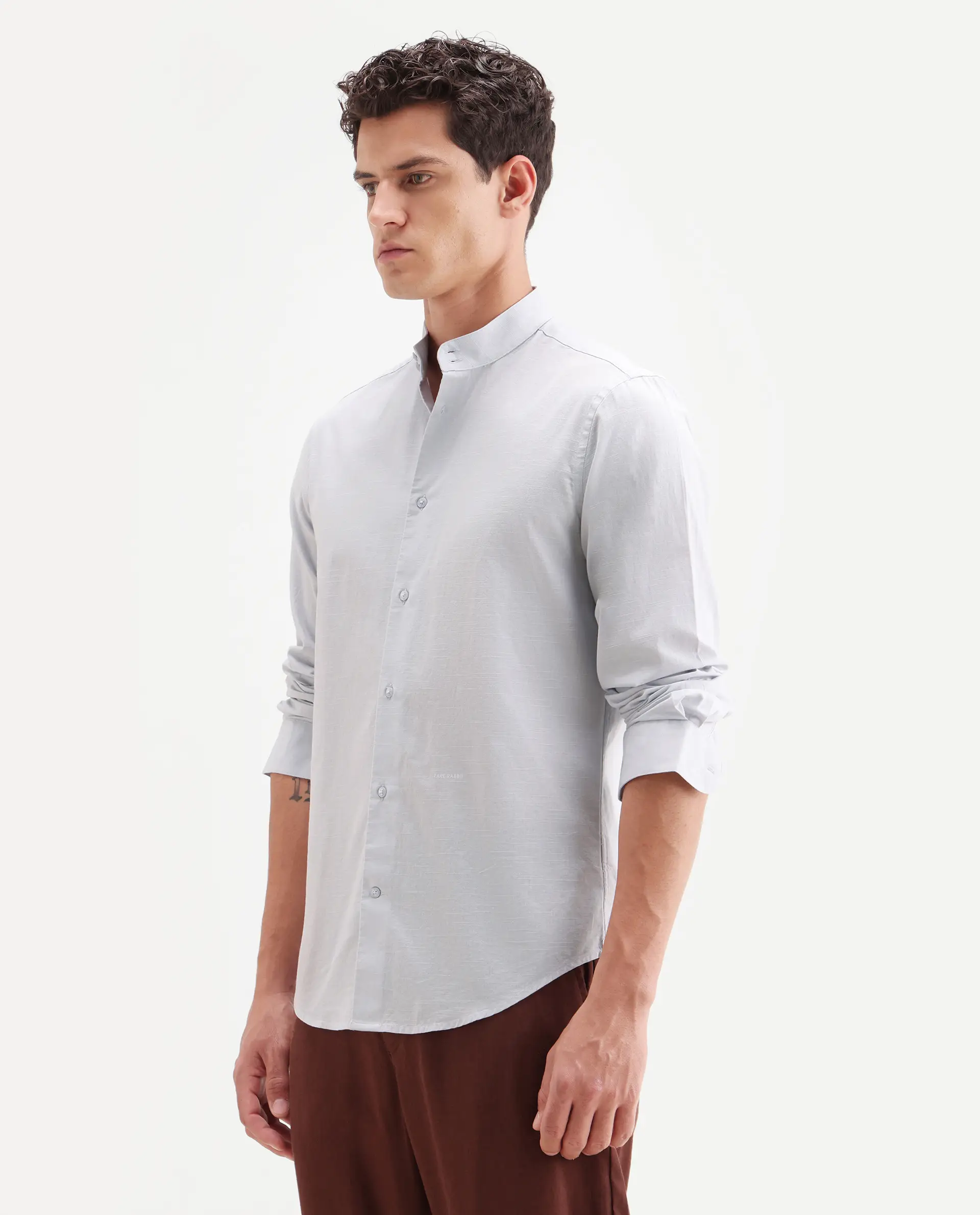 Rare Rabbit Men's Cadex Light Purple Cotton Fabric Full Sleeve Mandarin Collar Regular Fit Plain Shirt - Image 5