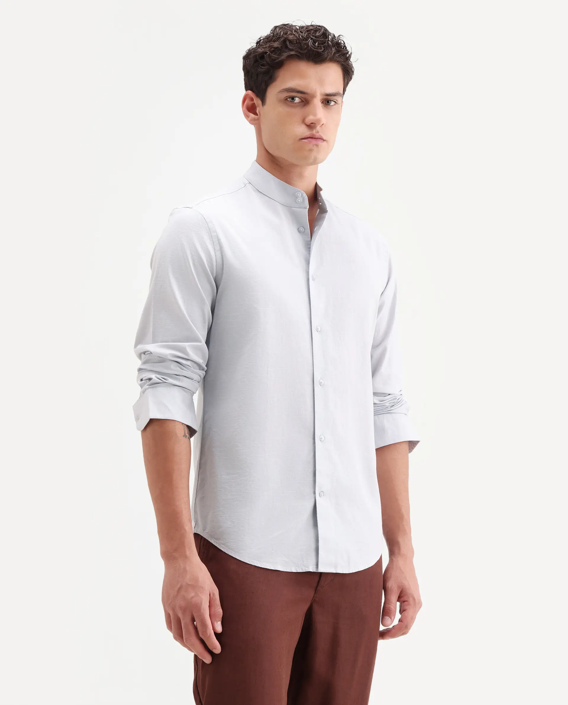 Rare Rabbit Men's Cadex Light Purple Cotton Fabric Full Sleeve Mandarin Collar Regular Fit Plain Shirt - Image 6