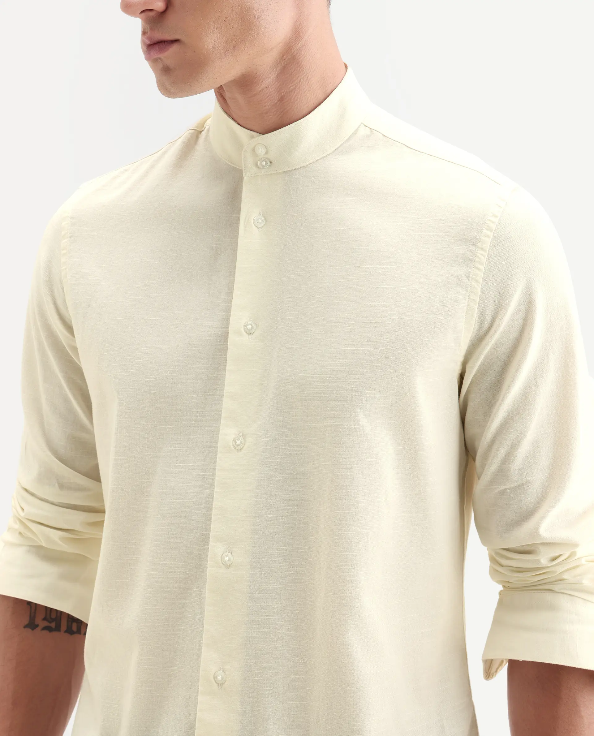 Rare Rabbit Men's Cadex White Cotton Fabric Full Sleeve Mandarin Collar Regular Fit Plain Shirt - Image 3
