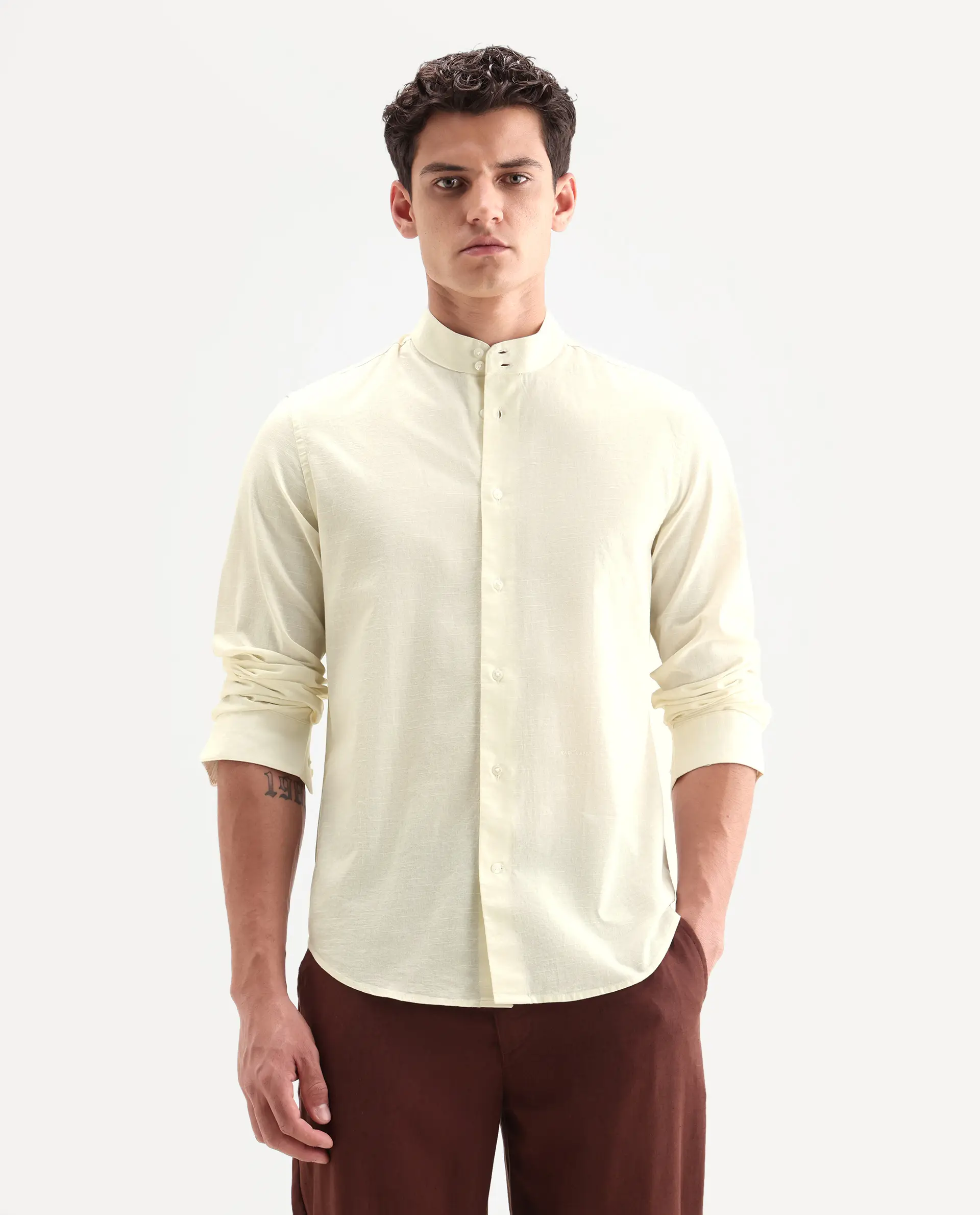 Rare Rabbit Men's Cadex White Cotton Fabric Full Sleeve Mandarin Collar Regular Fit Plain Shirt - Image 4