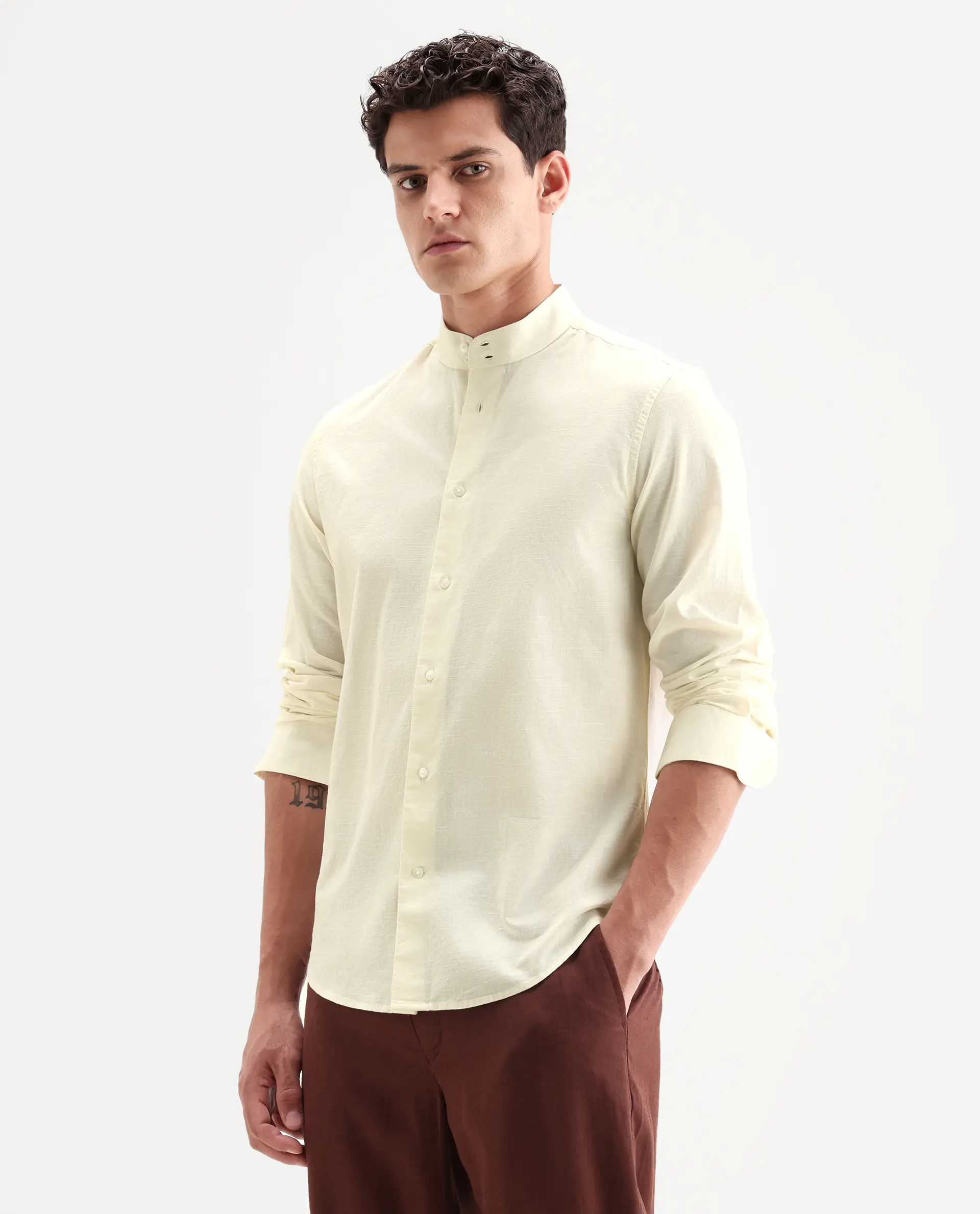 Rare Rabbit Men's Cadex White Cotton Fabric Full Sleeve Mandarin Collar Regular Fit Plain Shirt - Image 5