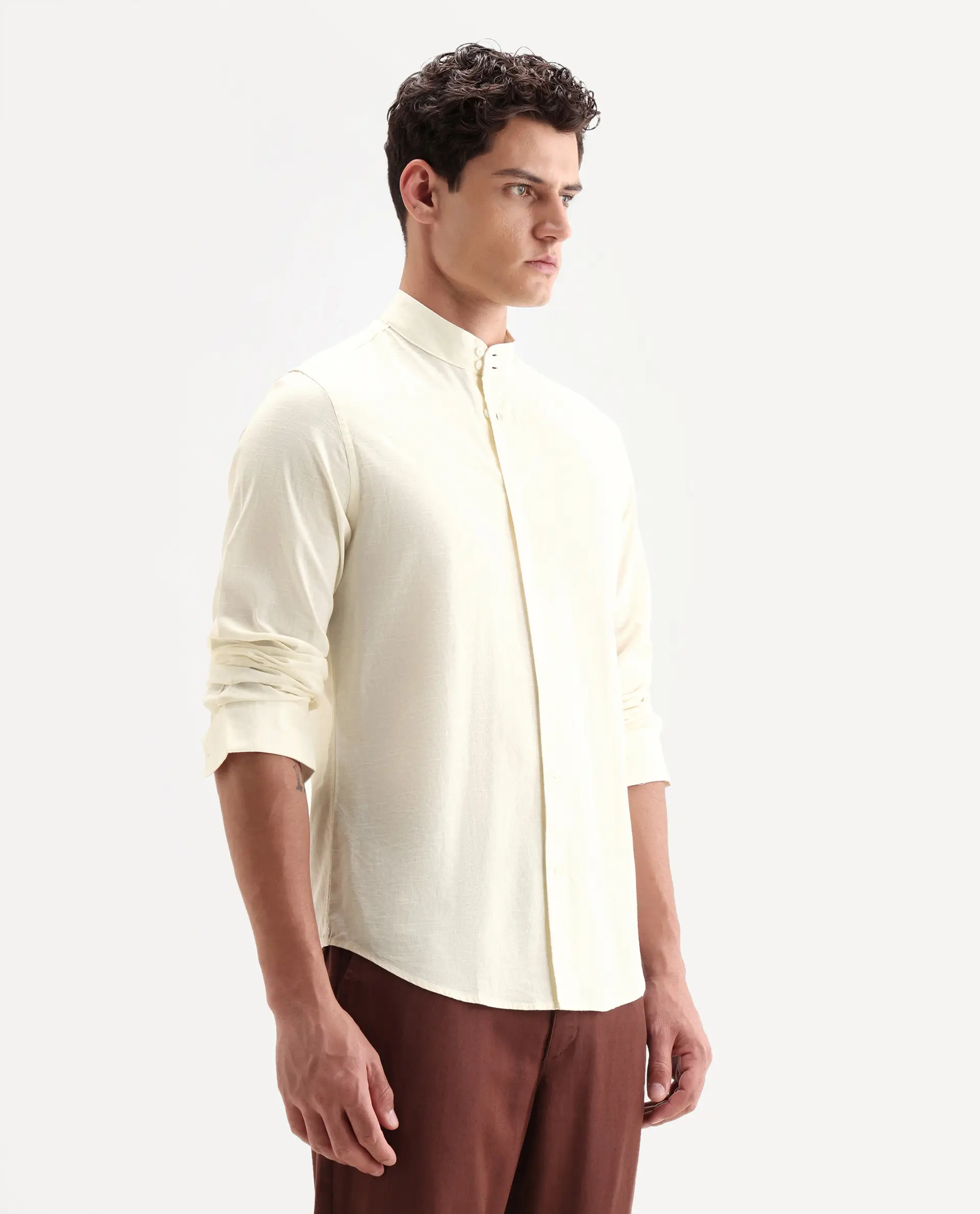 Rare Rabbit Men's Cadex White Cotton Fabric Full Sleeve Mandarin Collar Regular Fit Plain Shirt - Image 6
