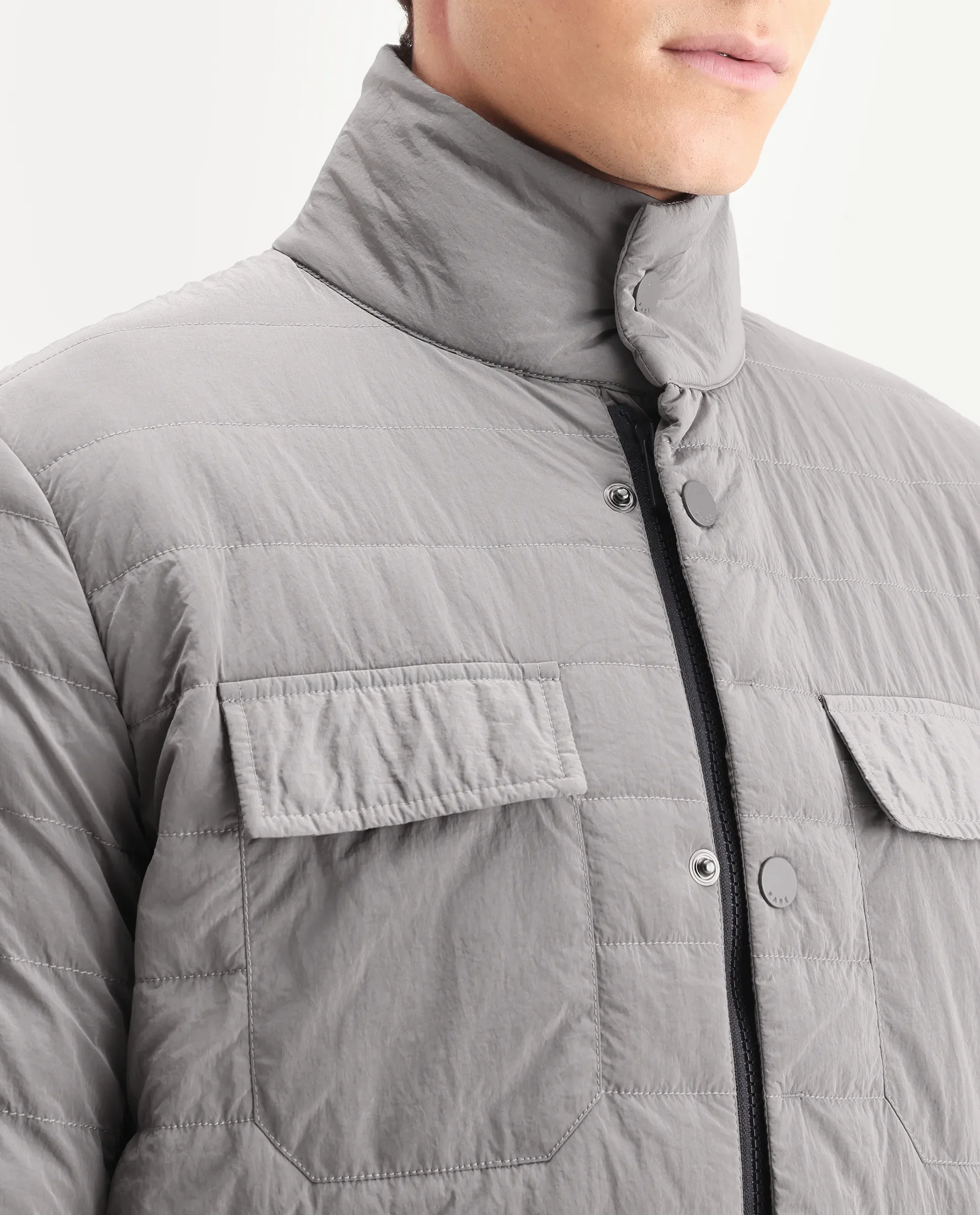Rare Rabbit Men's Cadiz Silver Polyester Plain Relaxed Fit Full Sleeve High Neck Jacket - Image 3