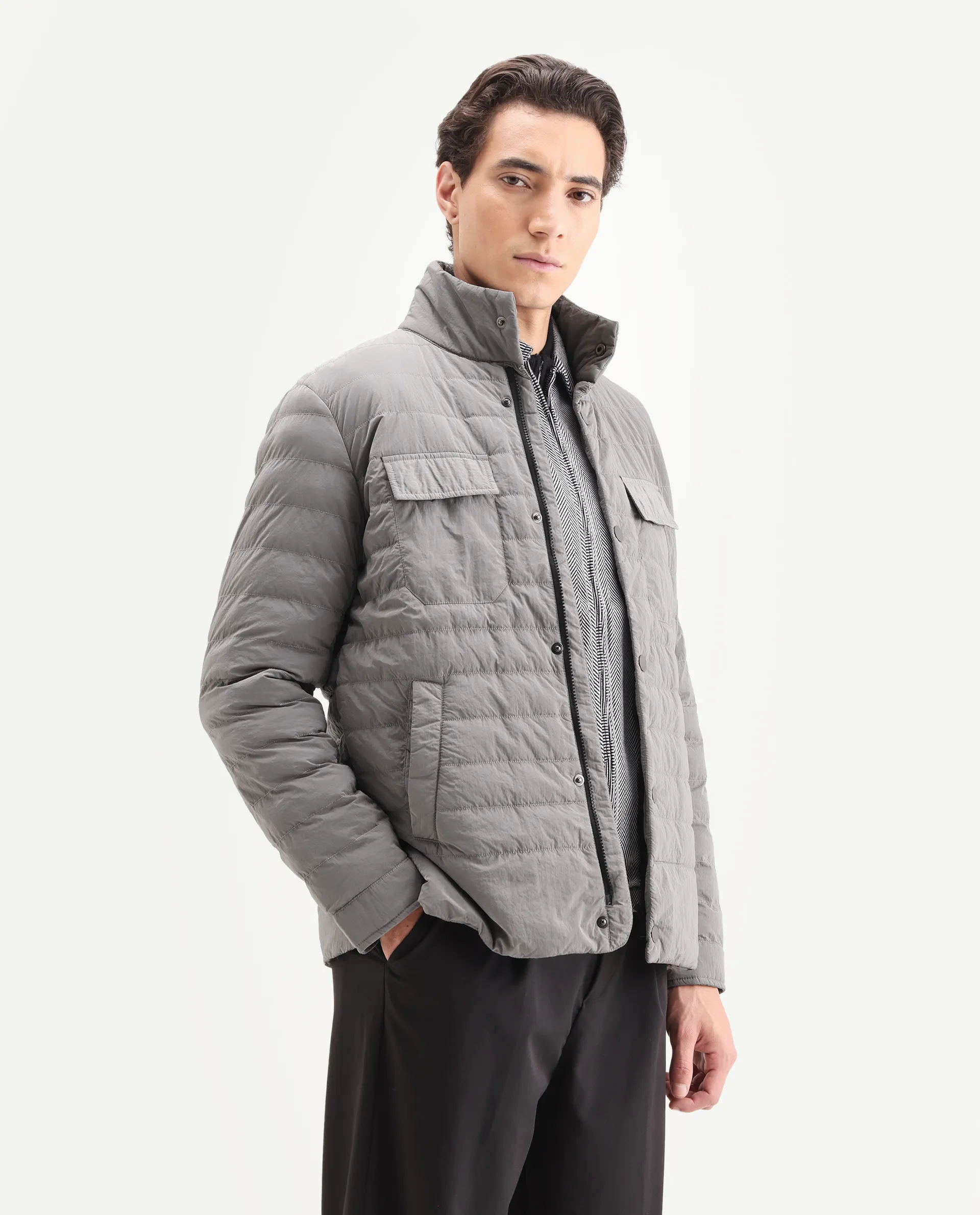 Rare Rabbit Men's Cadiz Silver Polyester Plain Relaxed Fit Full Sleeve High Neck Jacket - Image 4