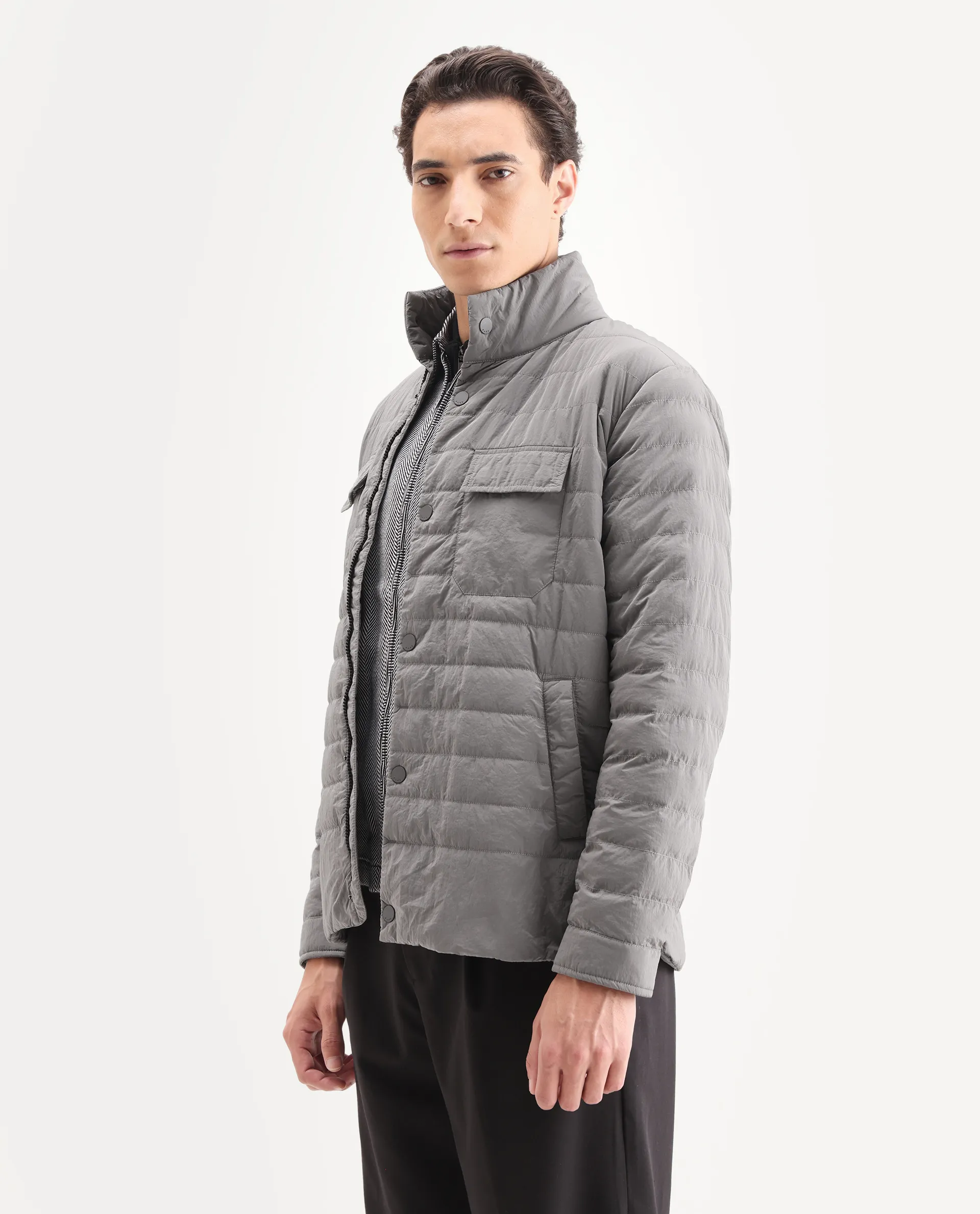 Rare Rabbit Men's Cadiz Silver Polyester Plain Relaxed Fit Full Sleeve High Neck Jacket - Image 5