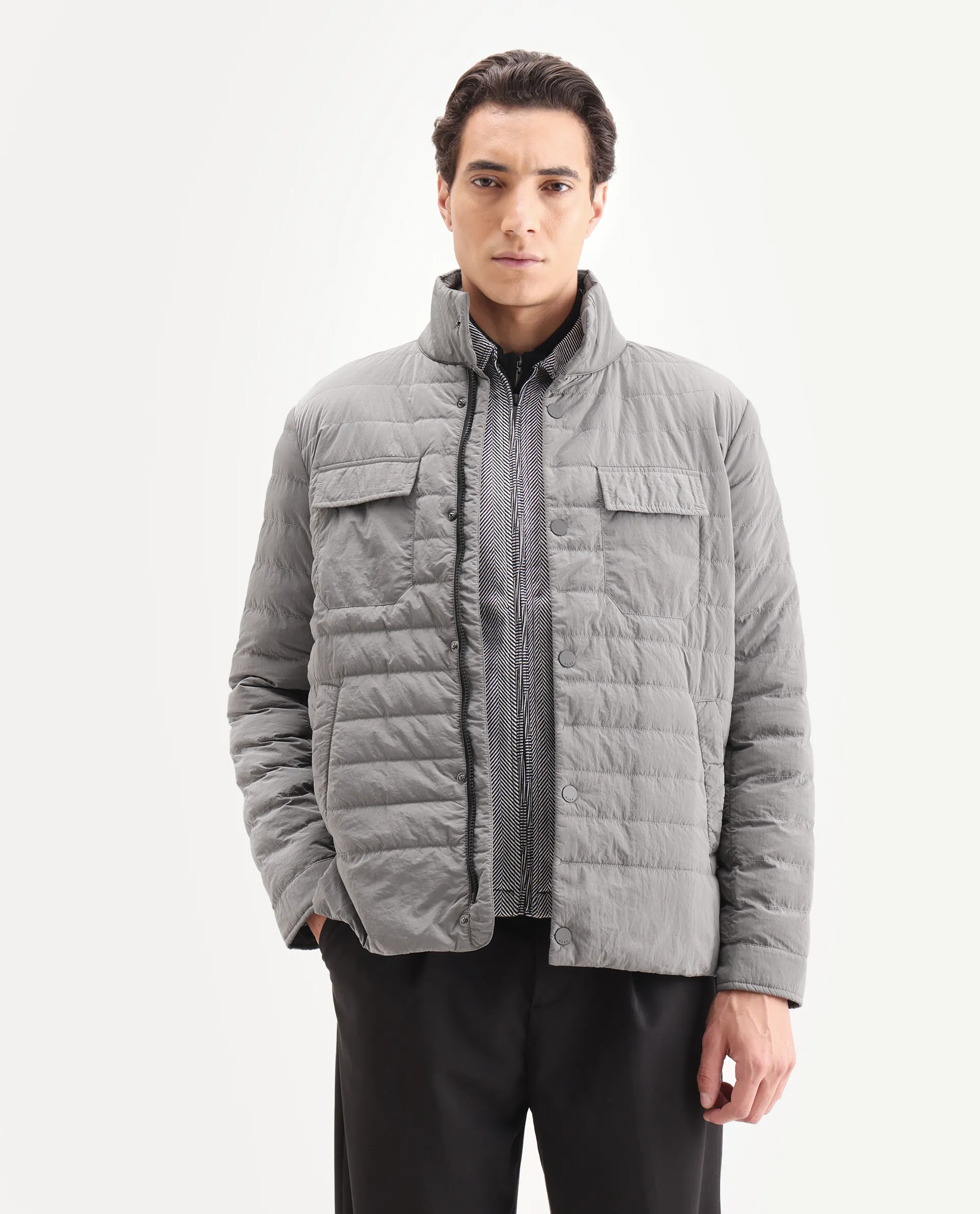 Rare Rabbit Men's Cadiz Silver Polyester Plain Relaxed Fit Full Sleeve High Neck Jacket - Image 6