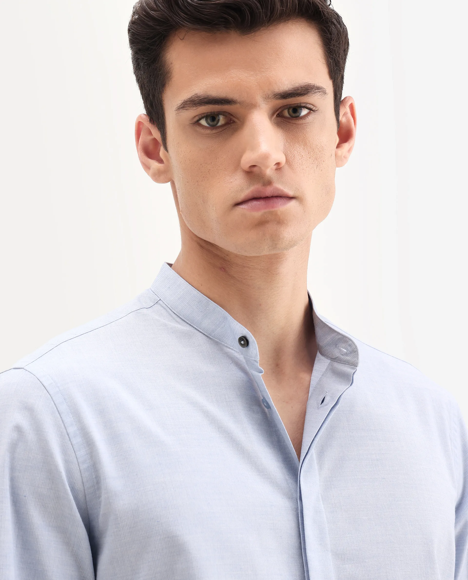 Rare Rabbit Men's Cadmi-25 Blue Cotton Blend Fabric Mandarin Collar Regular Fit Plain Shirt - Image 3