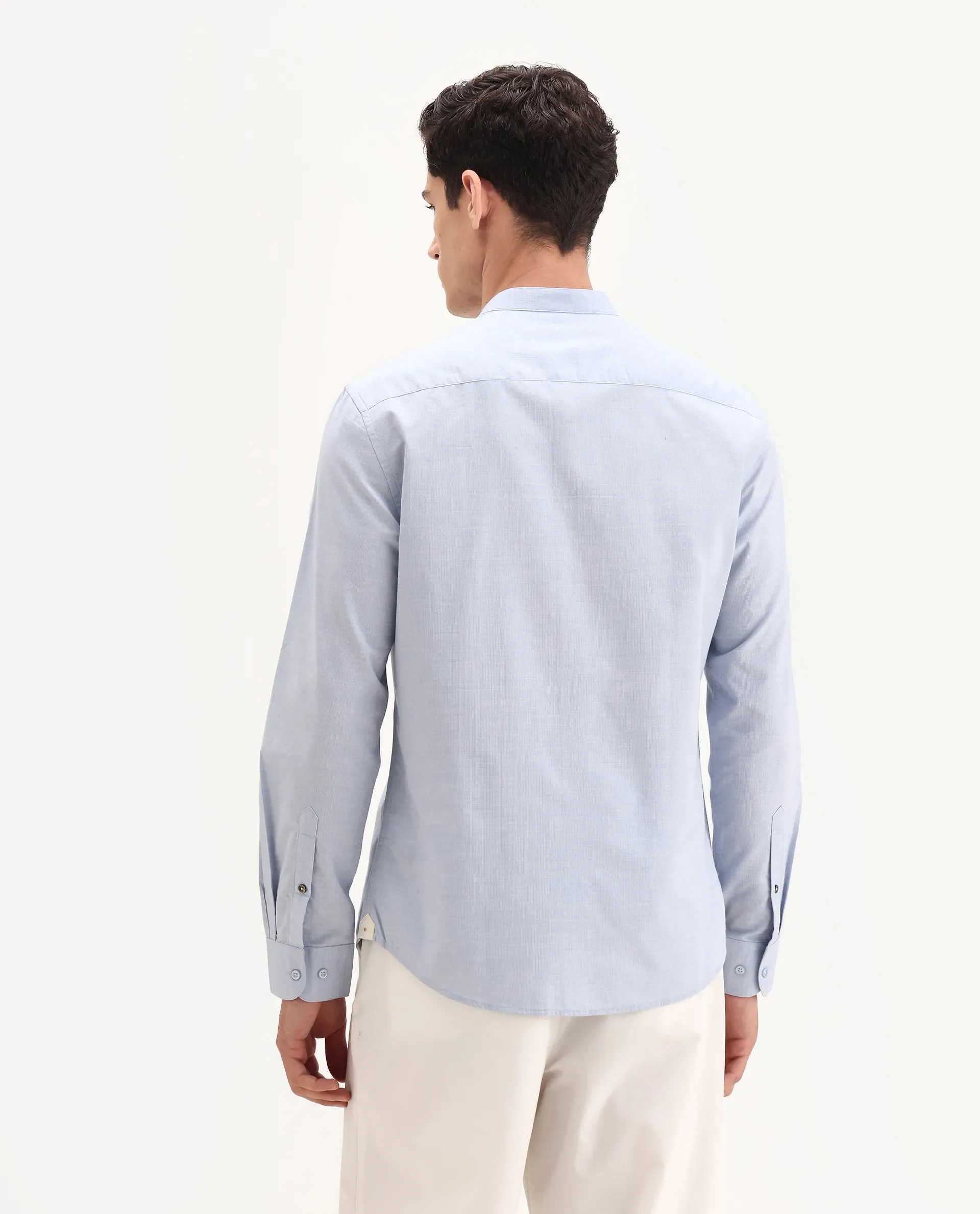 Rare Rabbit Men's Cadmi-25 Blue Cotton Blend Fabric Mandarin Collar Regular Fit Plain Shirt - Image 4