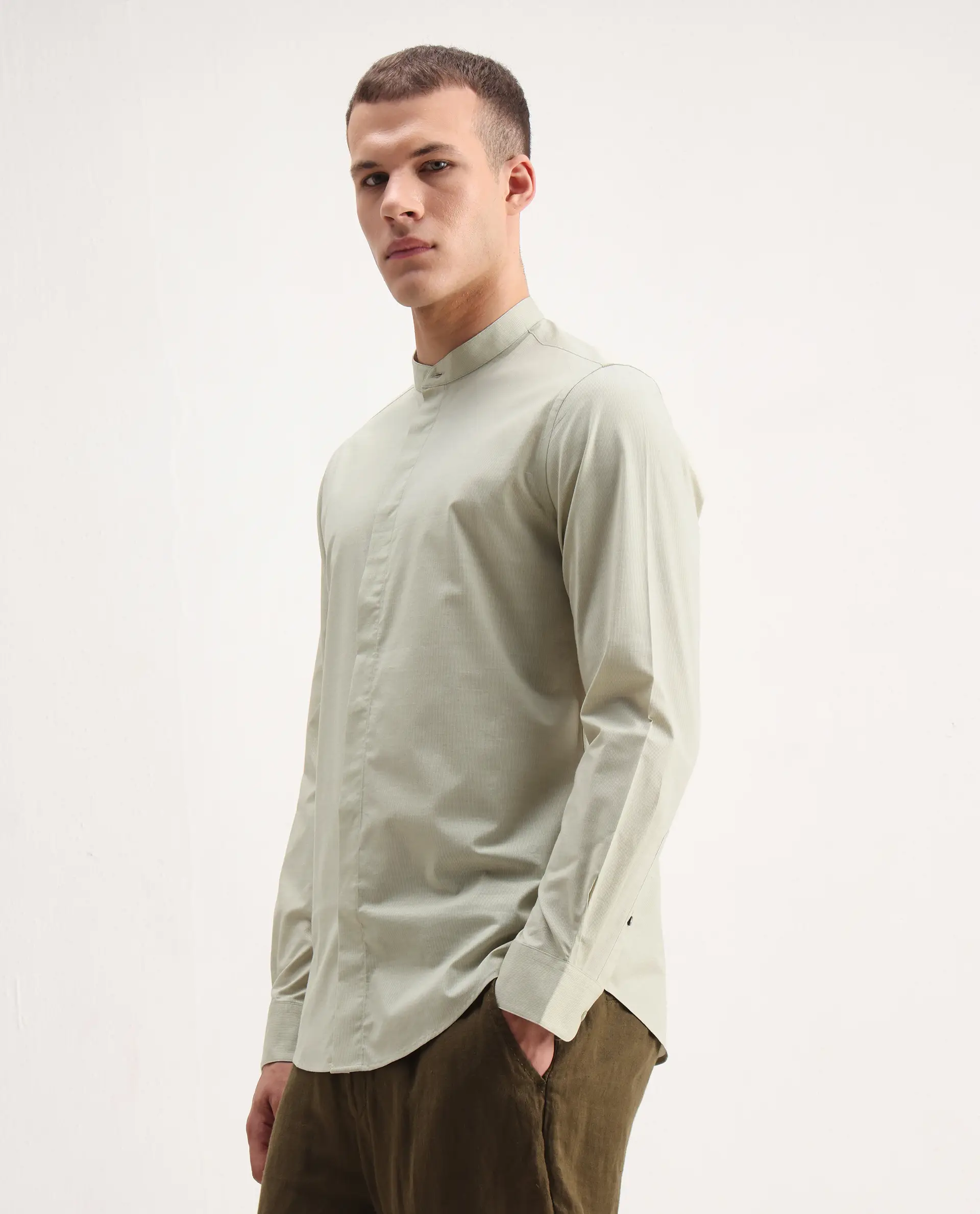 Rare Rabbit Men's Cadmi-25 Green Cotton Plain Regular Fit Full Sleeve Mandarin Collar Shirt - Image 5