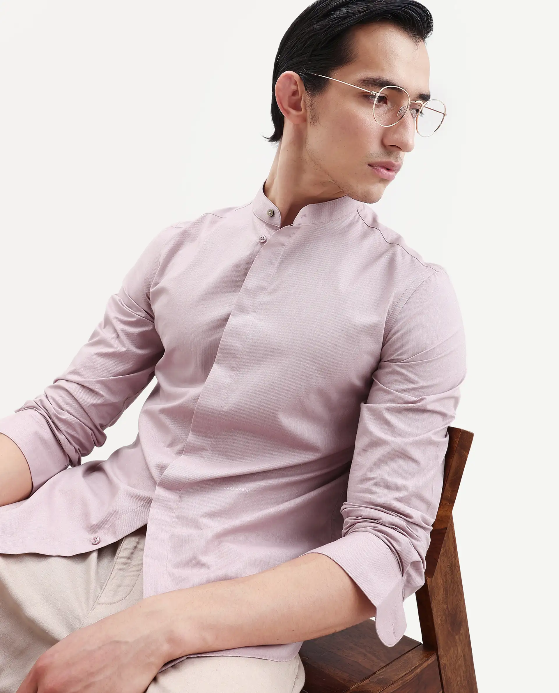 Rare Rabbit Men's Cadmi-25 Pink Cotton Blend Fabric Mandarin Collar Regular Fit Plain Shirt