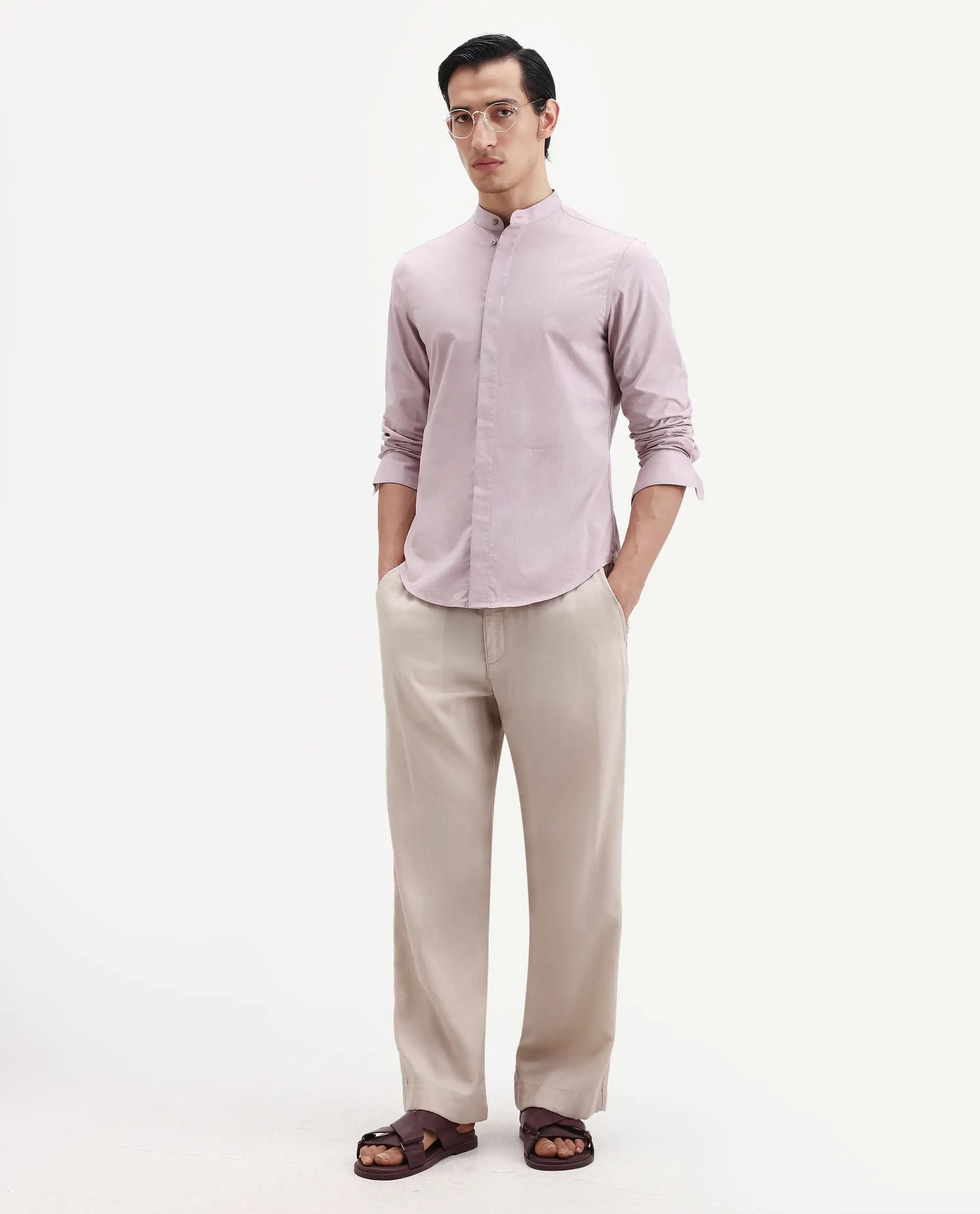 Rare Rabbit Men's Cadmi-25 Pink Cotton Blend Fabric Mandarin Collar Regular Fit Plain Shirt - Image 2