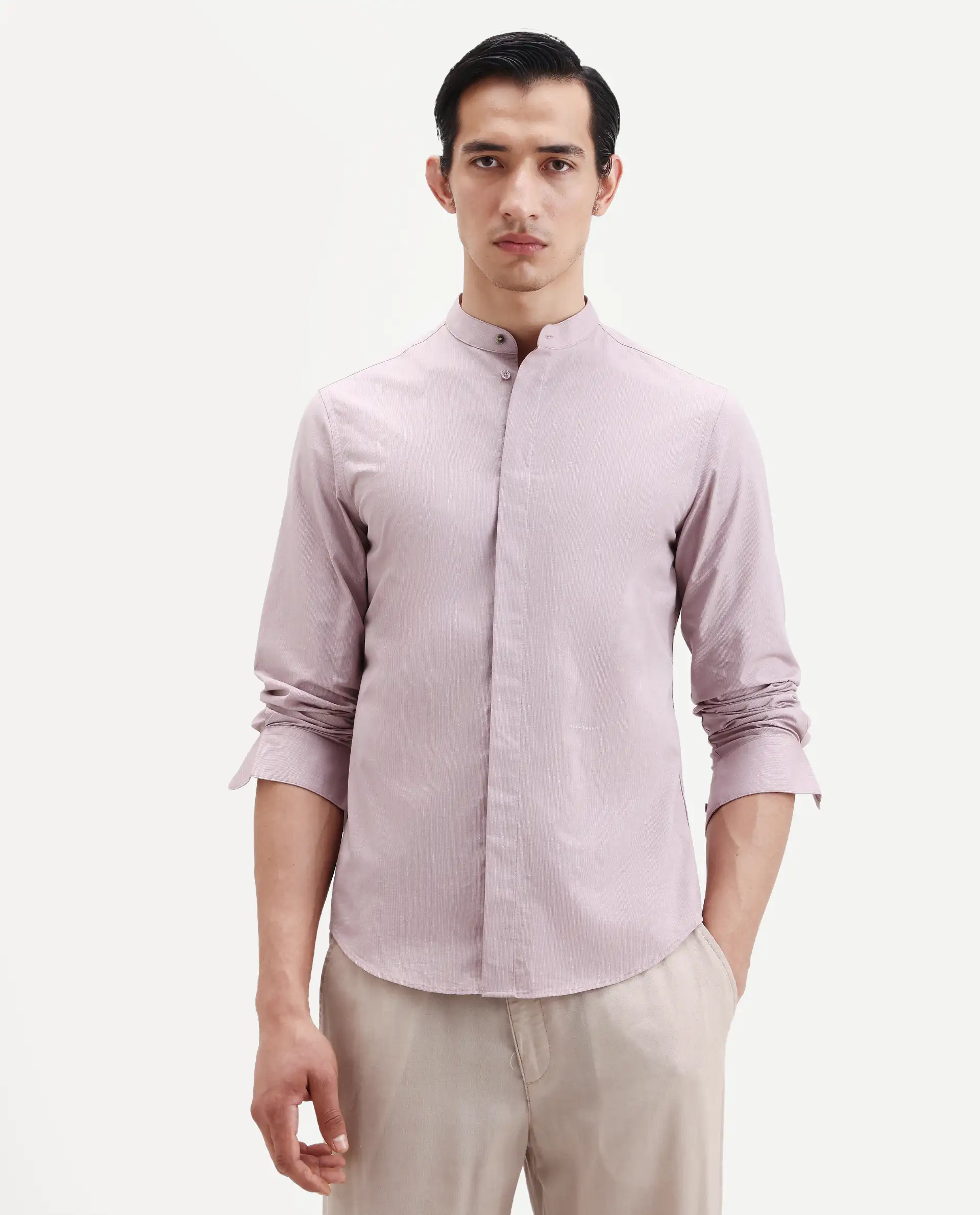 Rare Rabbit Men's Cadmi-25 Pink Cotton Blend Fabric Mandarin Collar Regular Fit Plain Shirt - Image 3