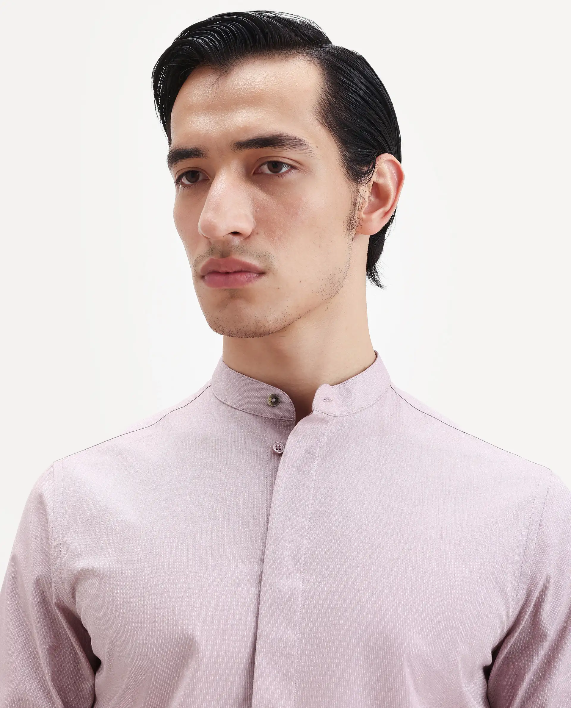 Rare Rabbit Men's Cadmi-25 Pink Cotton Blend Fabric Mandarin Collar Regular Fit Plain Shirt - Image 4