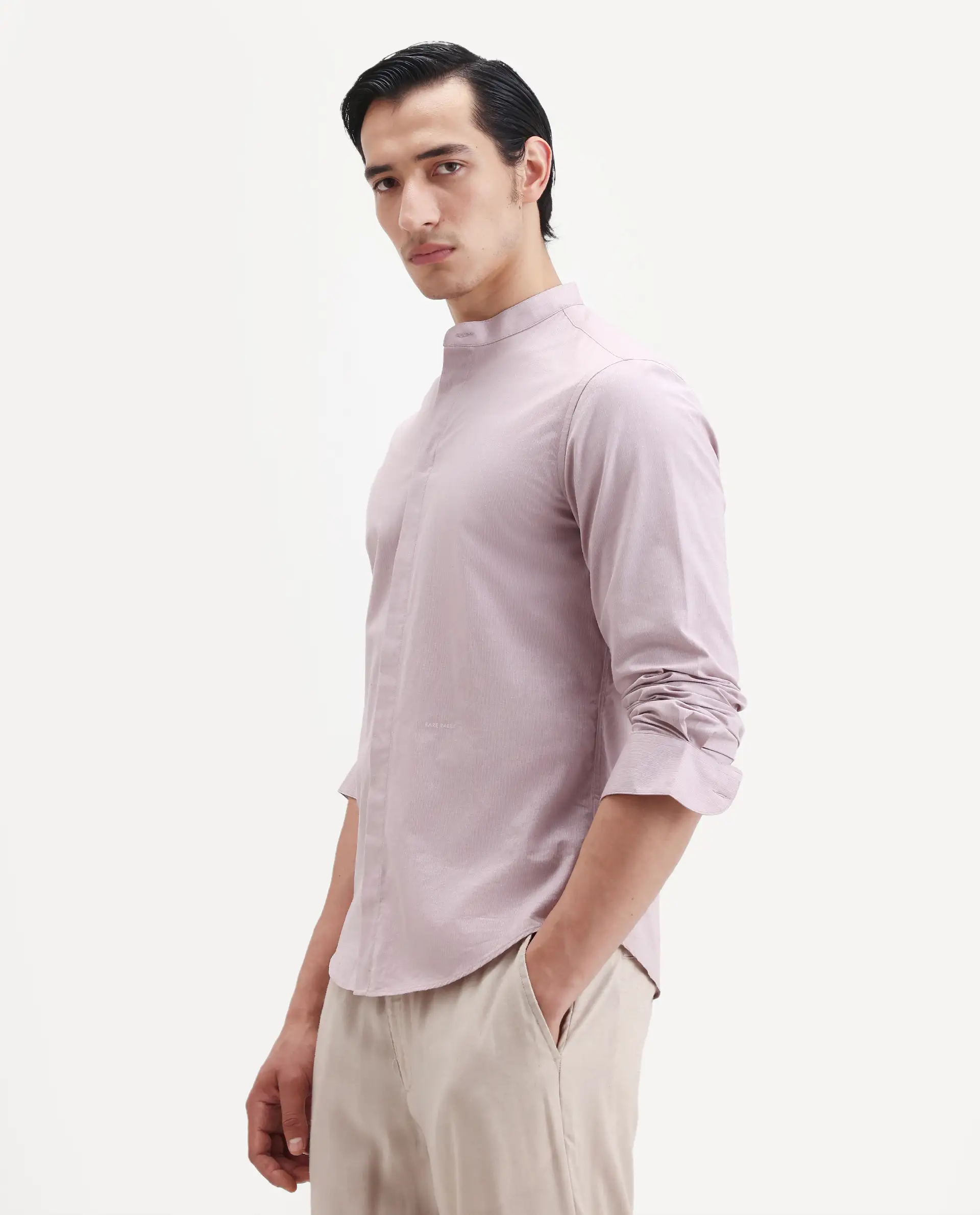 Rare Rabbit Men's Cadmi-25 Pink Cotton Blend Fabric Mandarin Collar Regular Fit Plain Shirt - Image 5
