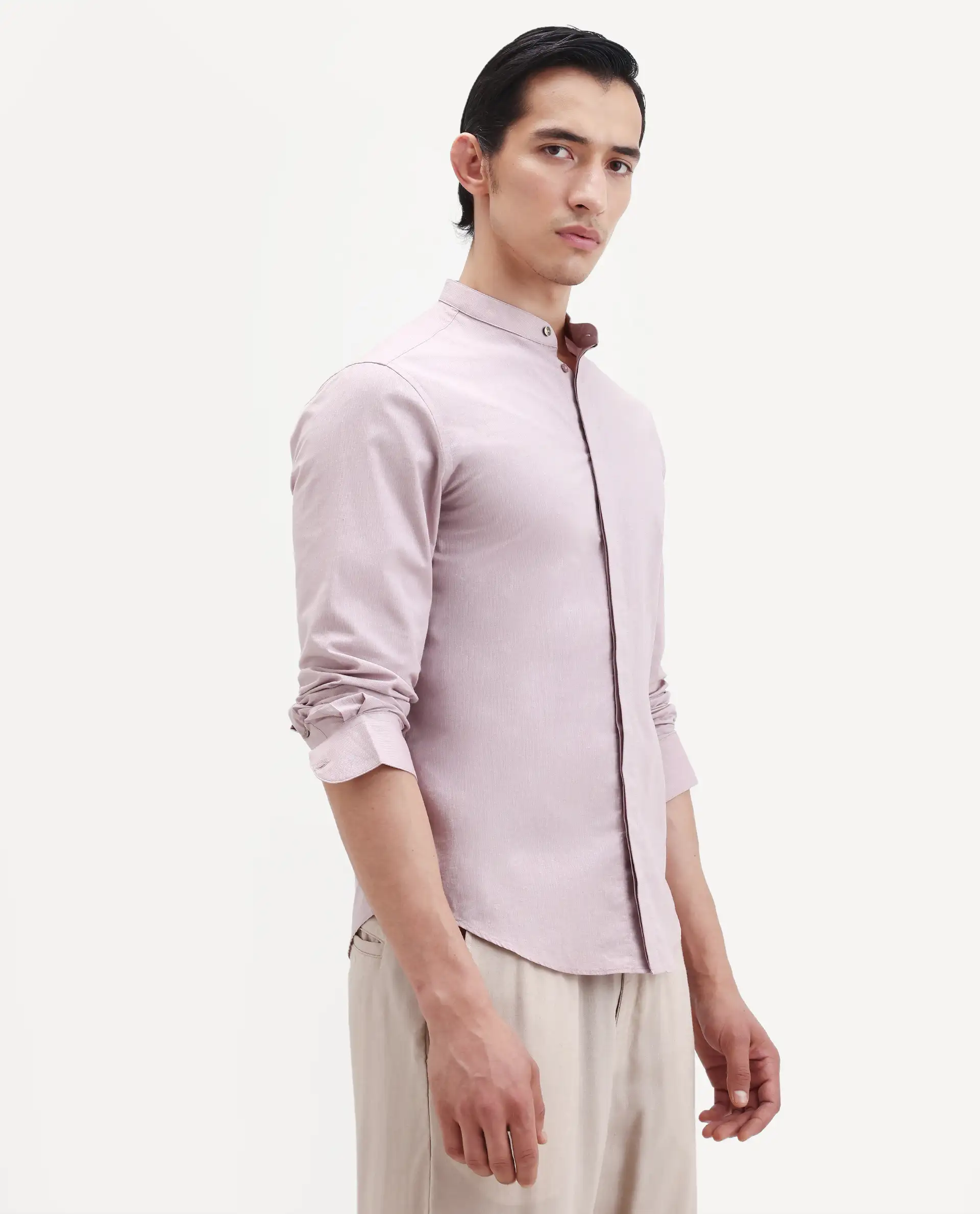 Rare Rabbit Men's Cadmi-25 Pink Cotton Blend Fabric Mandarin Collar Regular Fit Plain Shirt - Image 6